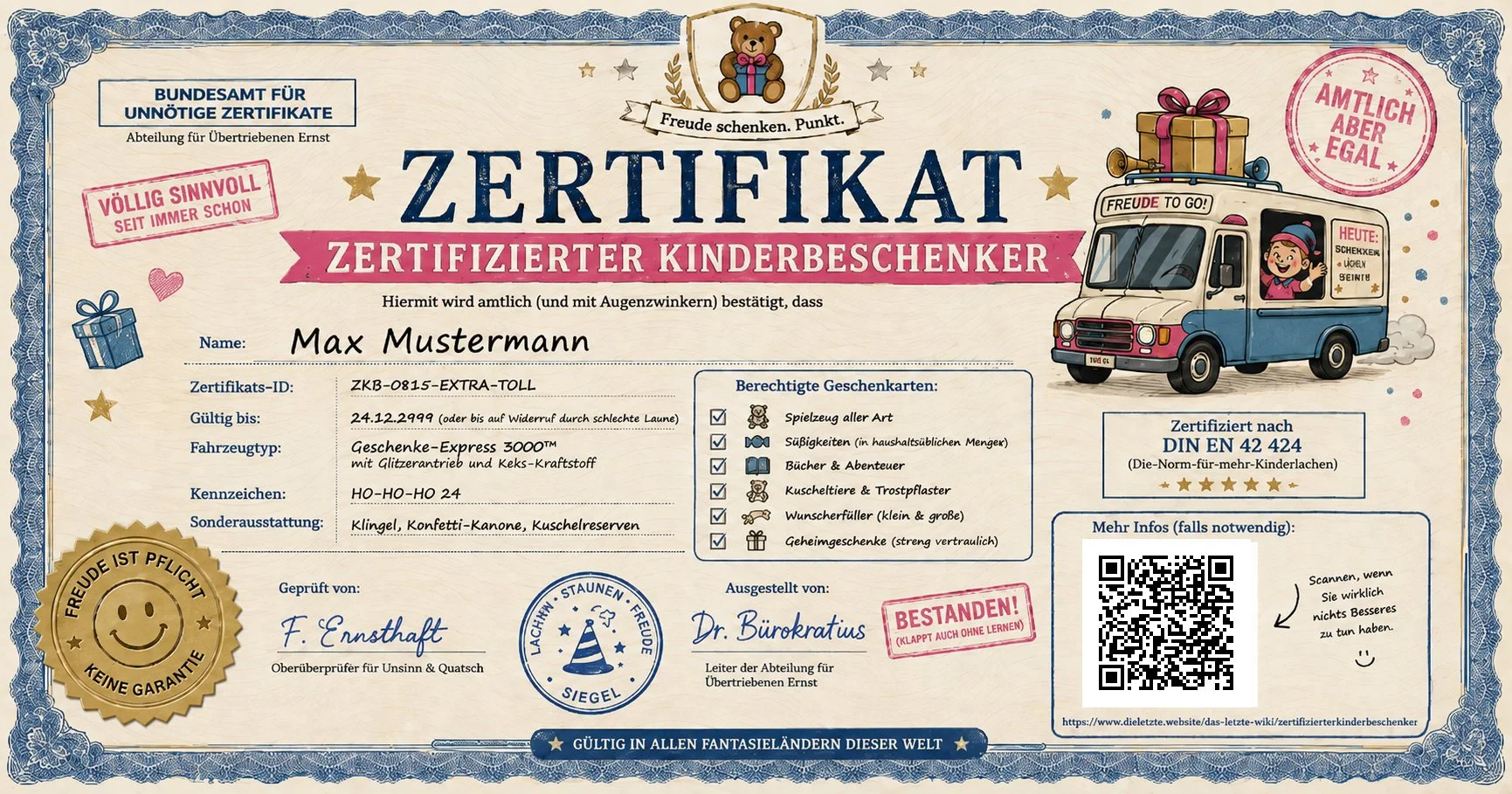 KI-generiertes, fiktives Zertifikat für "zertifizierte Kinderbeschenker" aus dem satirischen Lexikon "Das Letzte Wiki".