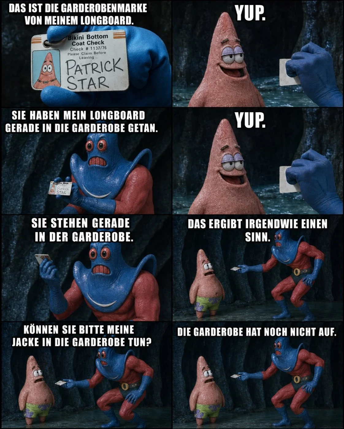 KI-generierte Fotostory mit Knetfiguren aus "Spongebob Schwammkopf" als Meme eines Eintrags im Satire-Lexikon Das Letzte Wiki.