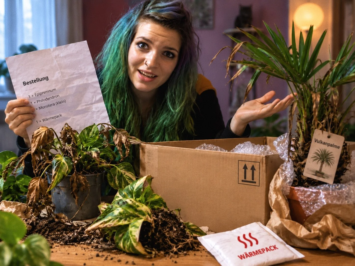 Saskia Thudium zeigt verdutzt eine Pflanzenbestellung neben teils verwelkten, teils falsch gelieferten Zimmerpflanzen und einem Versandkarton. Satirisches KI-Symbolbild zum Thema "Palmenmann" in der Lexikon-Parodie "Das Letzte Wiki".