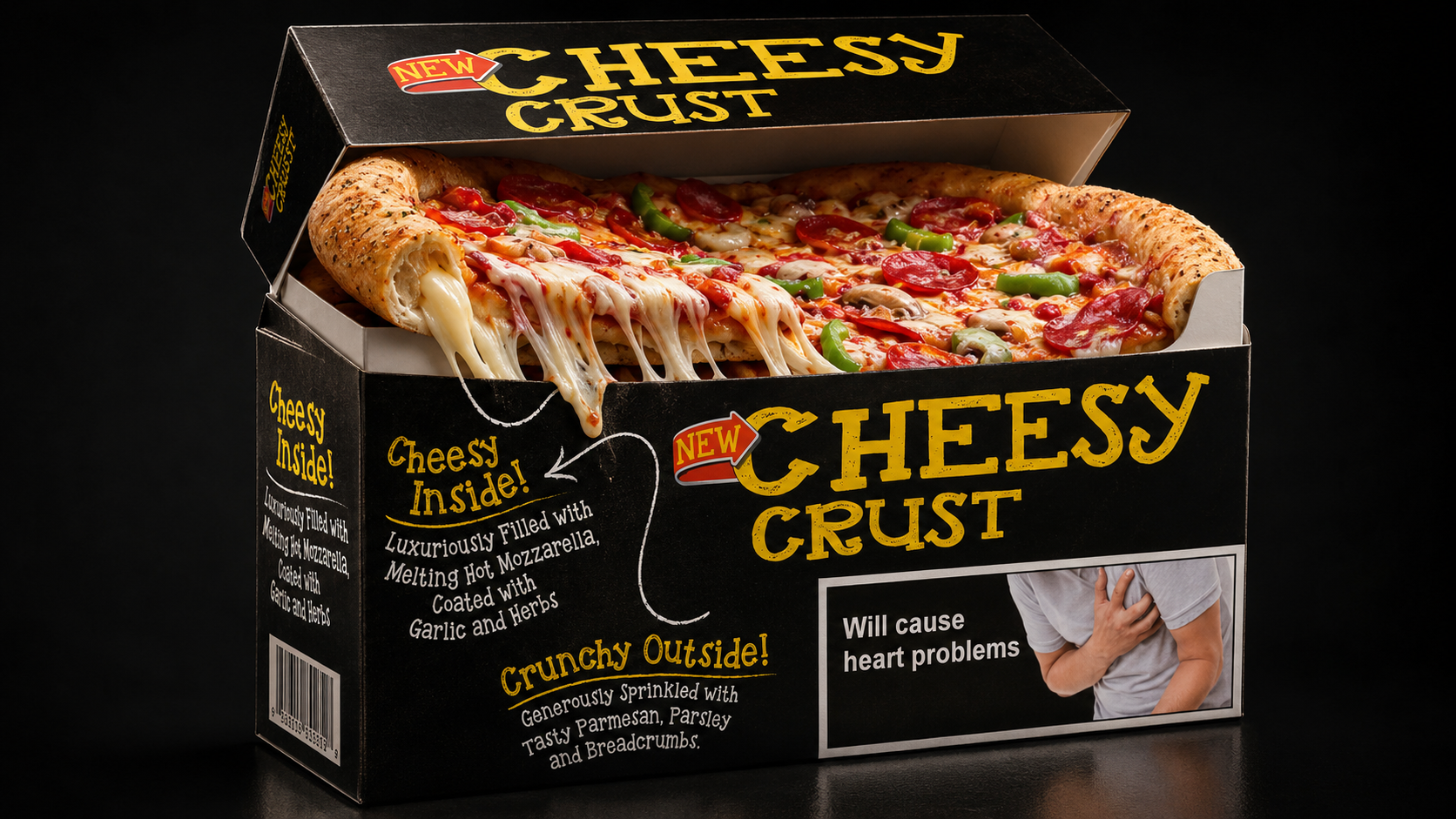 Parodistisches KI-Bild einer Cheezy-Crust-Pizza, die aus einer überdimensional breiten Schachtel im Stile einer Zigarettenschachtel mit Warnhinweis vor Gesundheitsschäden kommt. Satire von Das Letzte Wiki.