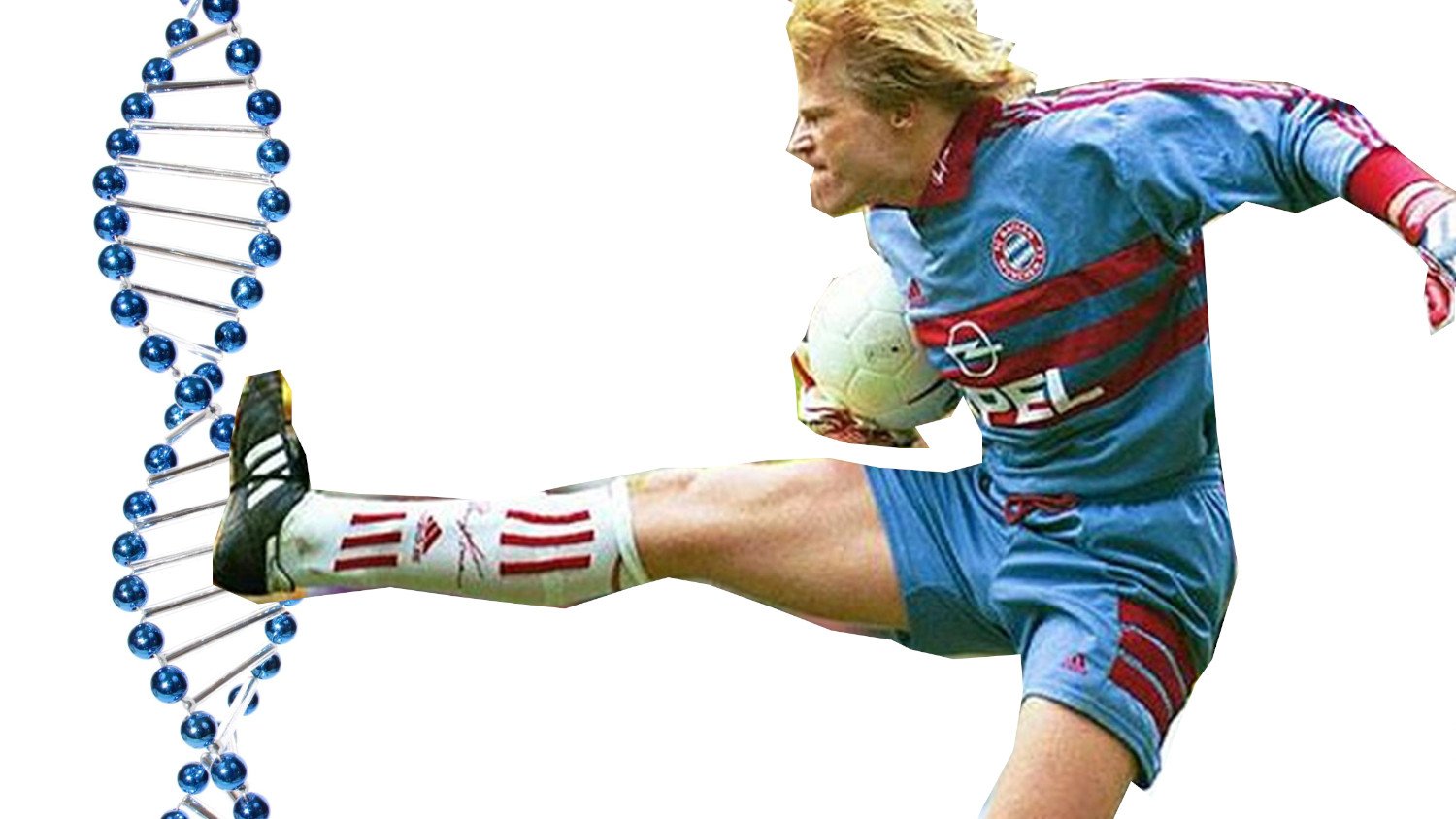 Oliver Kahn versucht, das Kahn-Gen zu besiegen. Satirische Fotomontage von "Das Letzte Wiki".