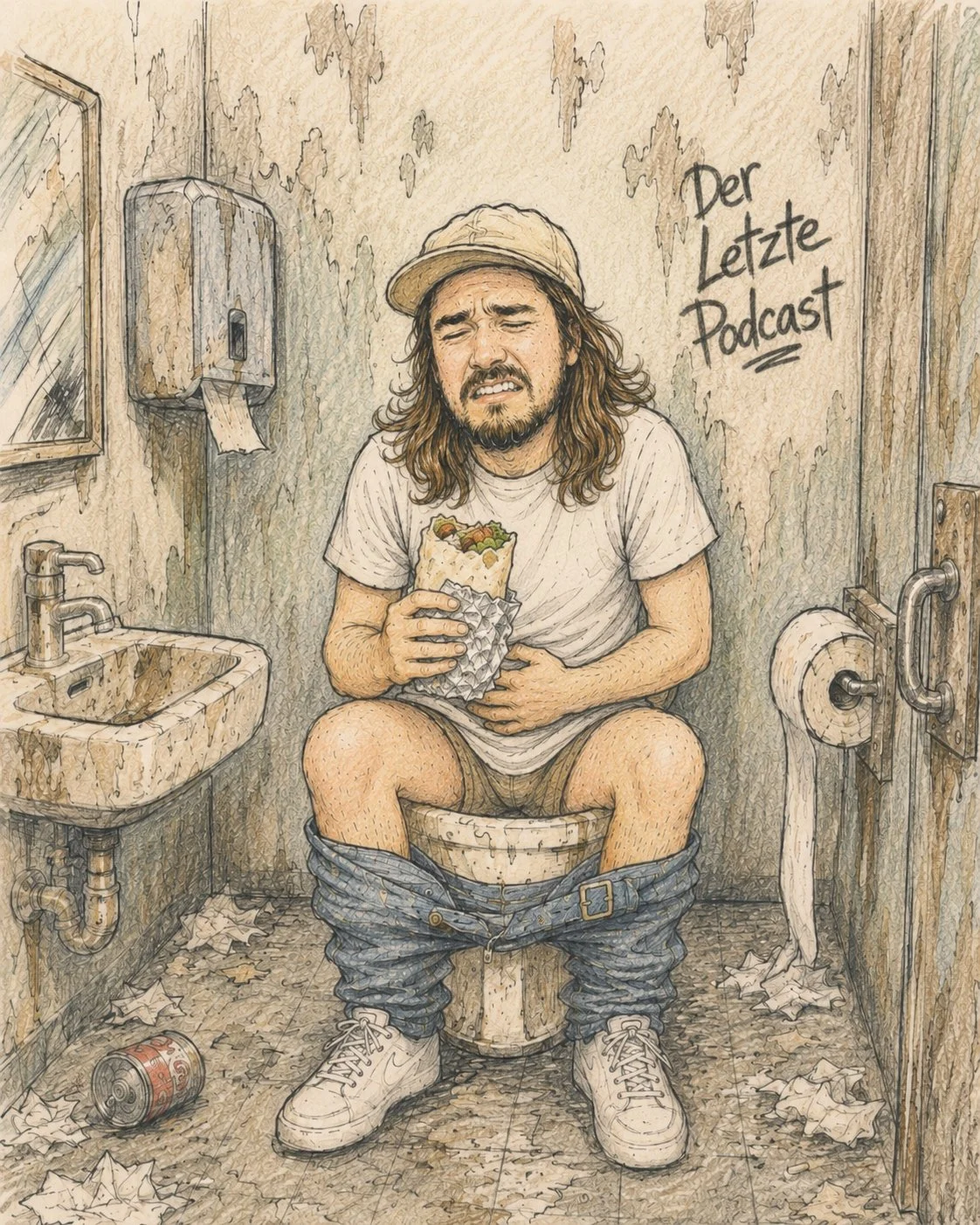 KI-generierte Karikatur zeigt Daniel Pook von Der Letzte Podcast mit Scheißhunger auf einer Bahnhofstoilette, während er einen Burrito isst. Aus Das Letzte Wiki.