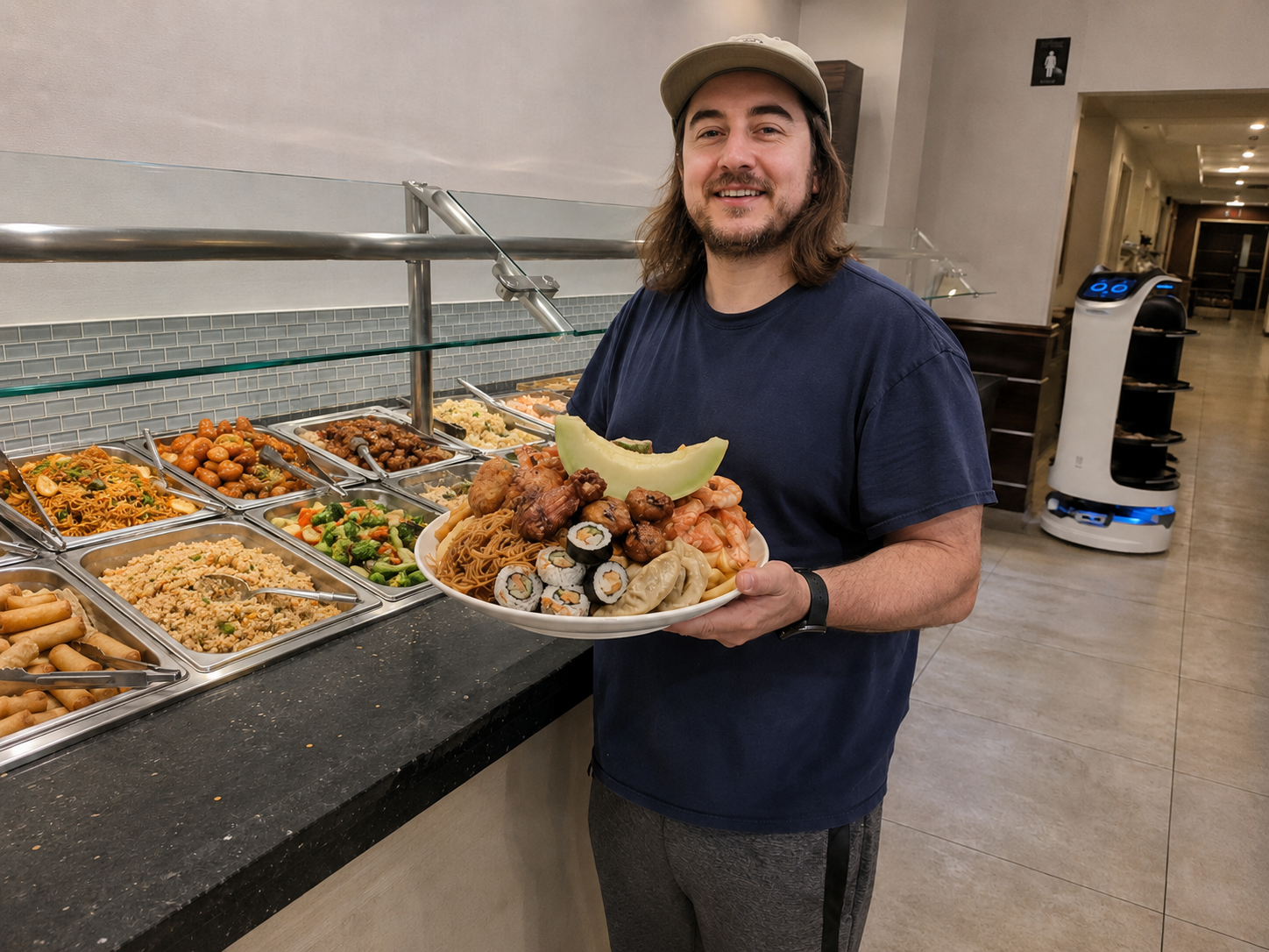 KI-Fotomontage zeigt Daniel Pook von "Der Letzte Podcast" am All-You-Can-Eat-Buffet mit Servierroboter im Hintergrund. Parodie aus dem Lexikon "Das Letzte Wiki".