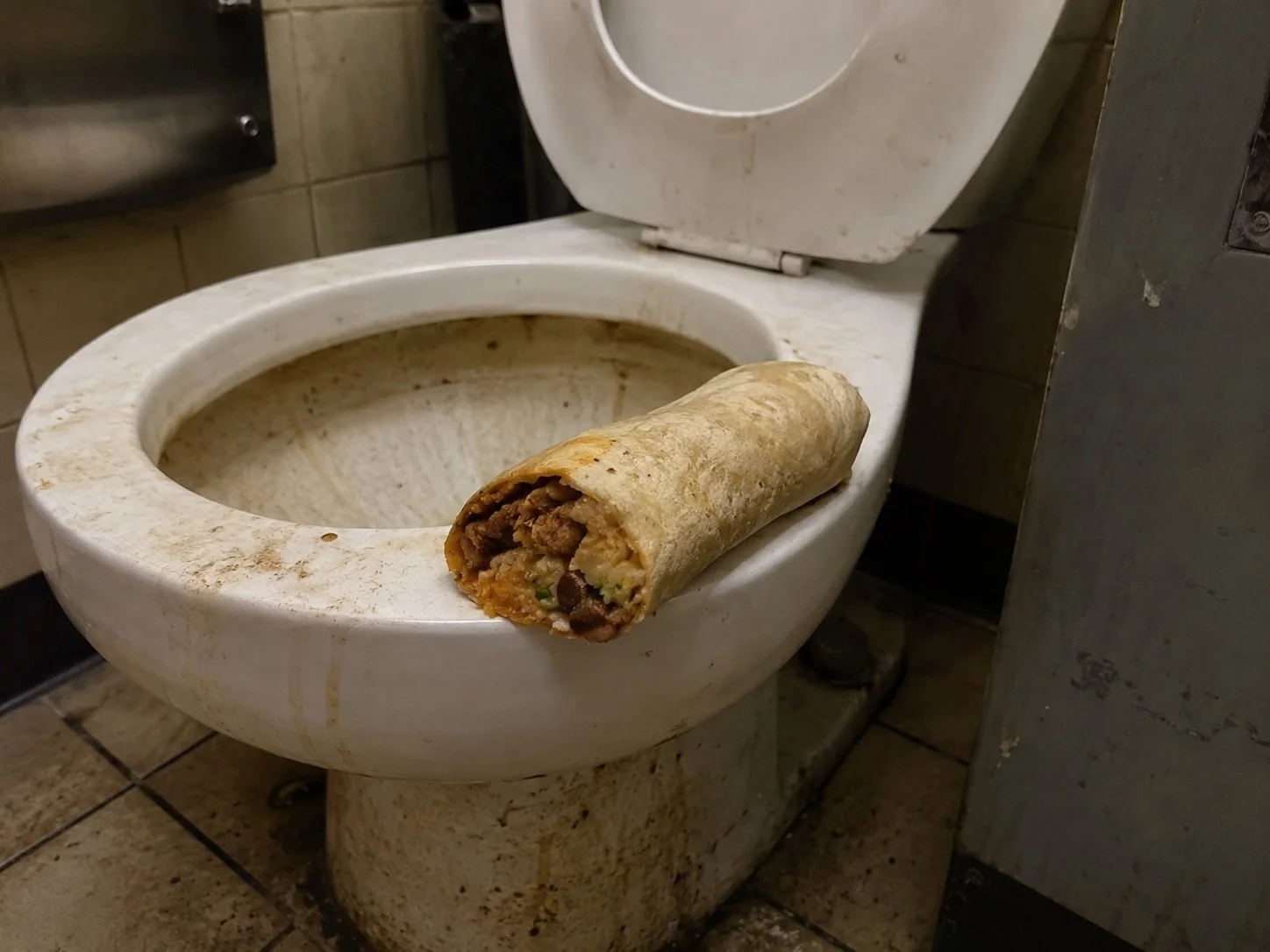 KI-generiertes Bild eines Burritos, der auf dem Rand einer ausgesprochen schmutzigen Toilette liegt. Foto aus dem satirischen Lexikon Das Letzte Wiki.