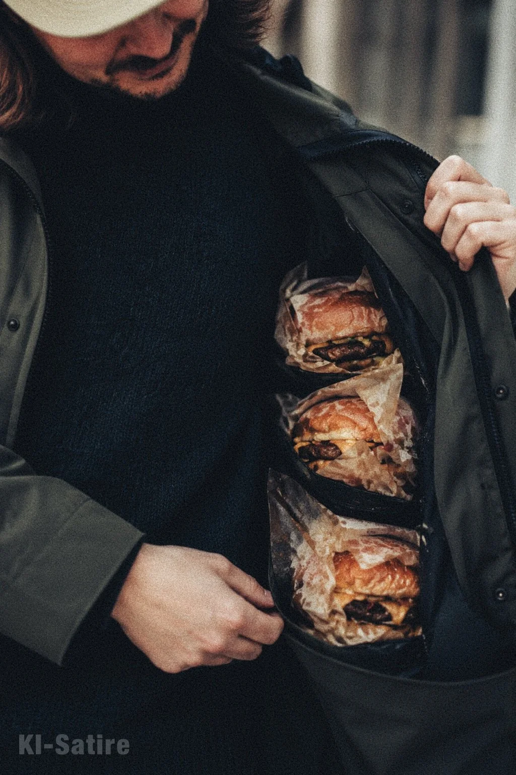 Satirisches KI-Bild zeigt Podcaster Daniel Pook, der fettige Hamburger in Plastiktüten eingewickelt unter seinem Mantel eng am Körper dünstet. Bebilderung des Parodie-Lexikons "Das Letzte Wiki".