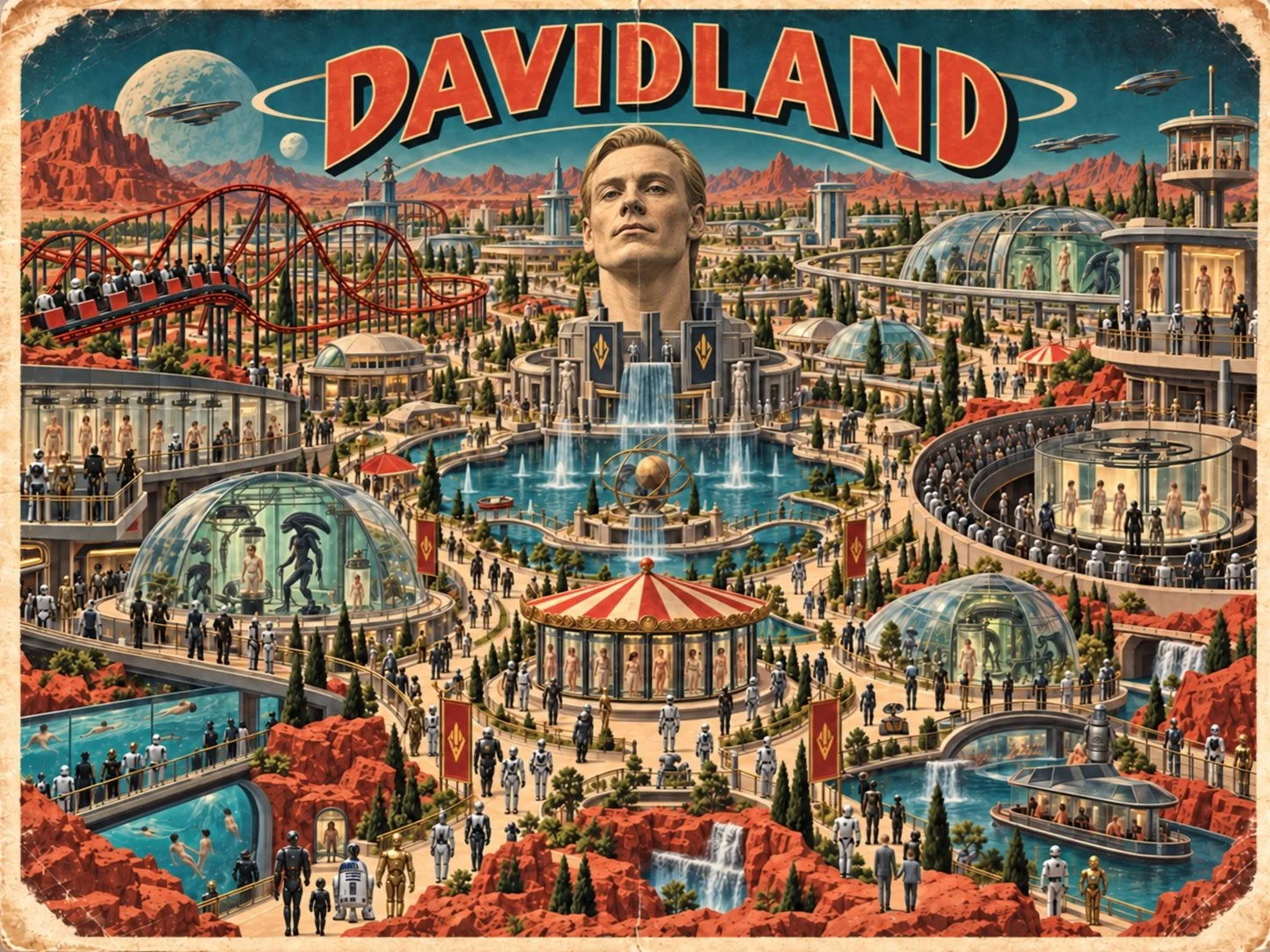 Satirische Fiktion eines Artworks für den fiktiven Freizeitpark "Davidland" auf Basis von Erkenntnissen aus dem Kinofilm Prometheus. Die KI-generierte Abbildung zeigt einen Vergnügungspark für Androiden, in dem Menschen wie im Zoo gehalten werden.