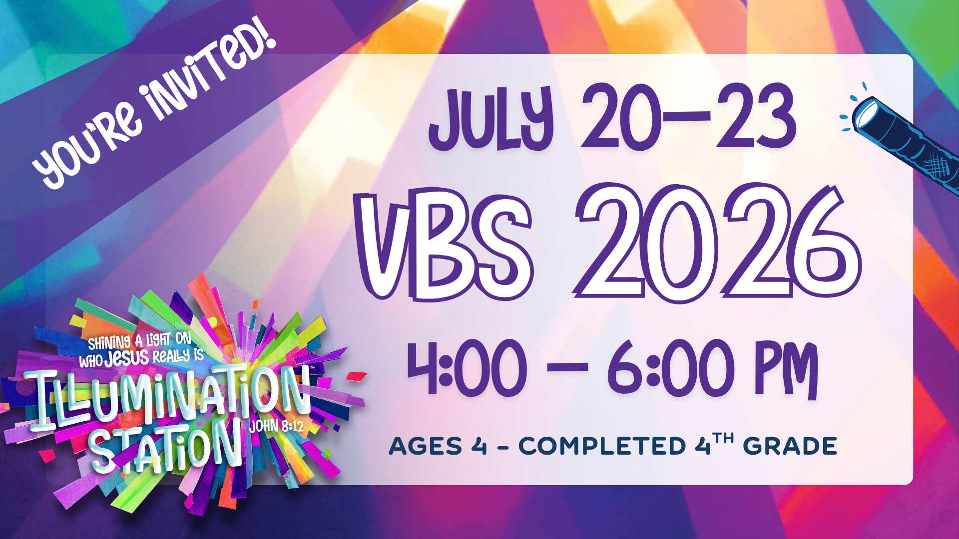 Vacation Bible School, July 20-23, 4:00 - 6:00pm, Ages 4 through Completed 4th grade