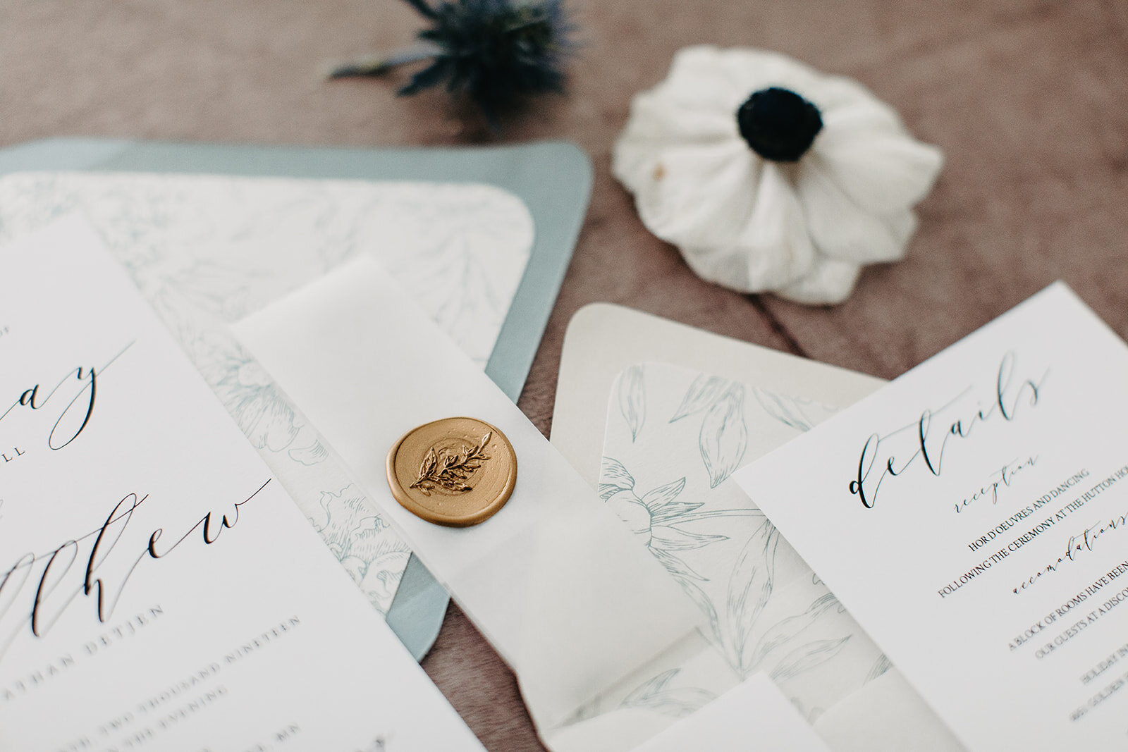 1 Stationery Wedding Invitation Mauve Flowers Gold Wax Seal.jpg