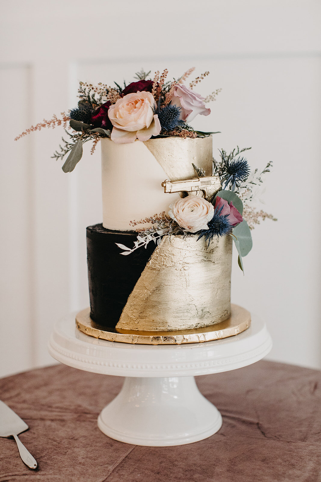 21 Wedding Cake James Bond Gold Black Florals.jpg
