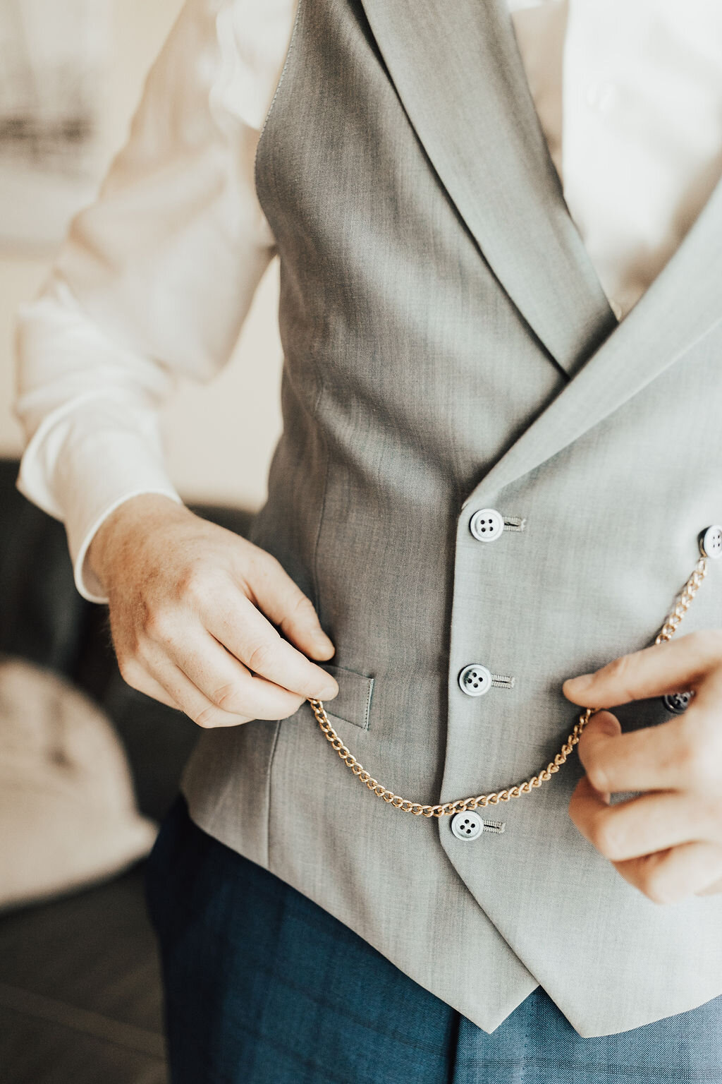 1 Groom Getting Ready Gray Vest Blue Suit Pocket Watch Wedding.jpg