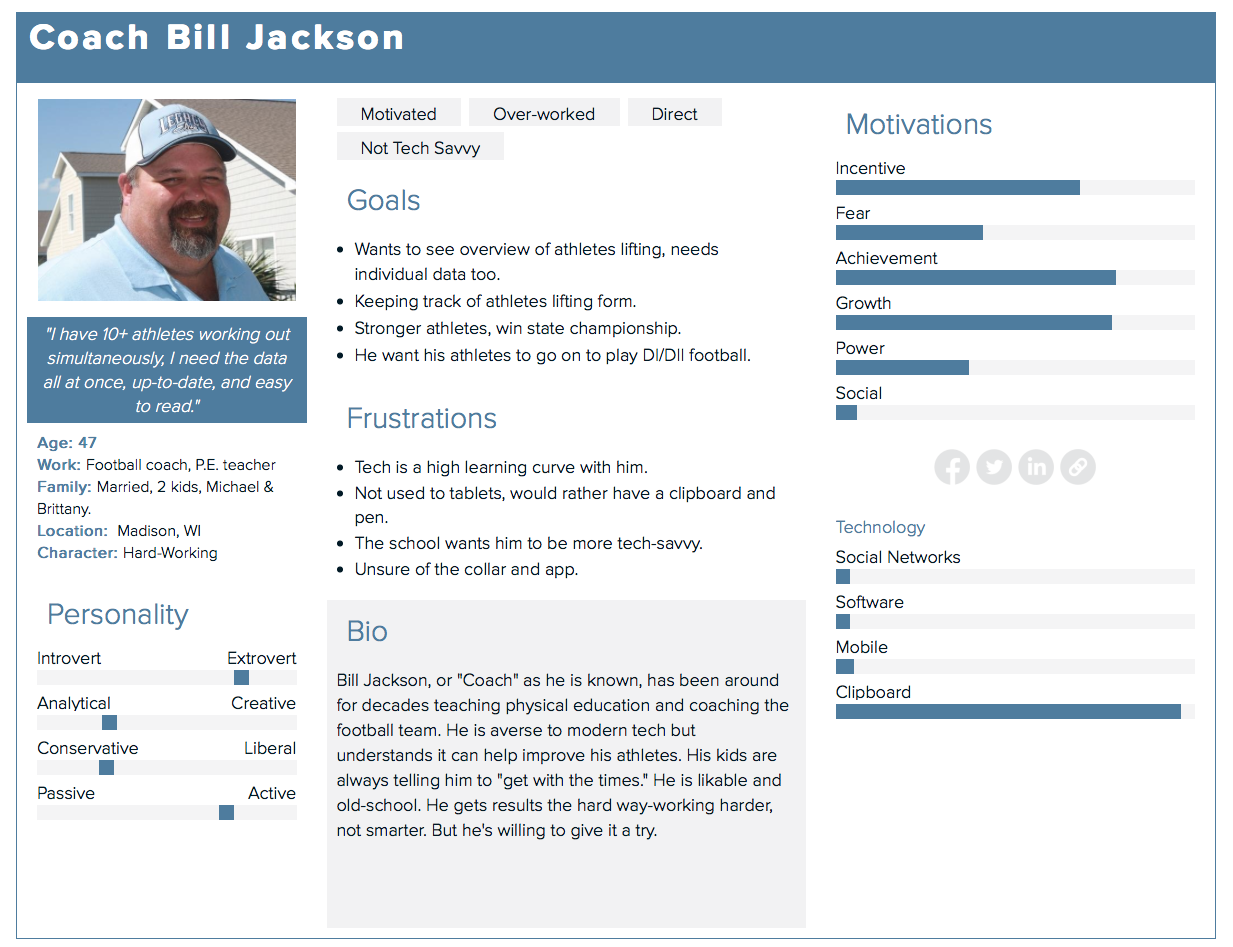 Insights: We were able to create an assumptive user journey based on feedback from coaches via email and skype sessions. We also employ a coach on our marketing team and were able to utilize his input as a way to move forward on our MVP. We were able to boil the user journey down into 3 major journeys: #1 - Viewing data: Log in—> dashboard of athletes. As soon as “coach” logs in he is sent to the primary live athlete view screen. #2 & 3 - Creating teams and adding athletes. (We originally had team creation and athlete creation/upload as two separate tabs. After further review and iteration we were able to put them together. 