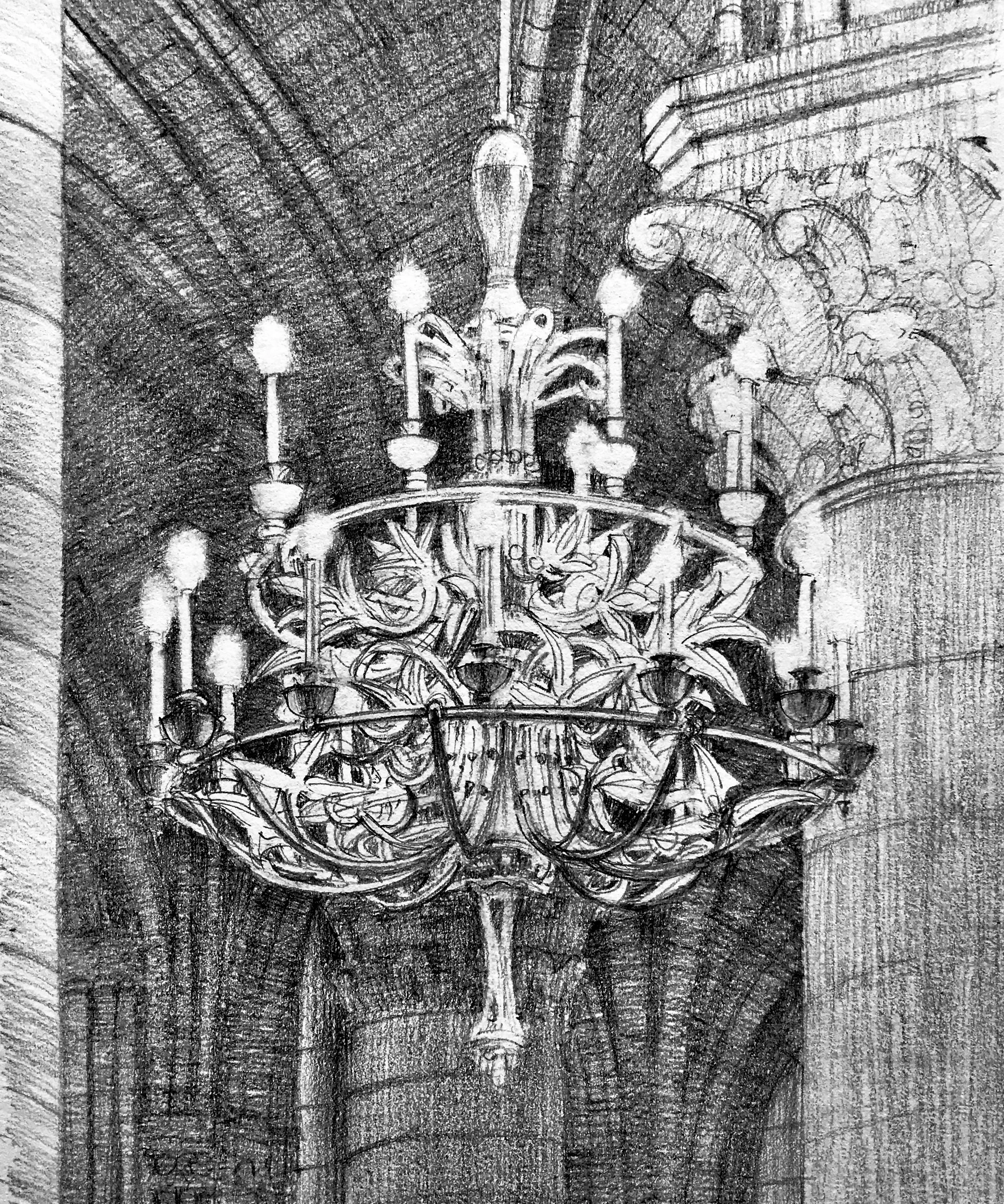 In this drawing of a chandelier in Notre Dame, I drew most of the chandelier by negative space (See Blog #2). Then I added the bracket lines into the spaces I’d created, starting with the closest. Half the actual detail was left out, but the effect was satisfactory. Trying to draw the actual chandelier arms would have been impossible for me on the scale of this drawing.