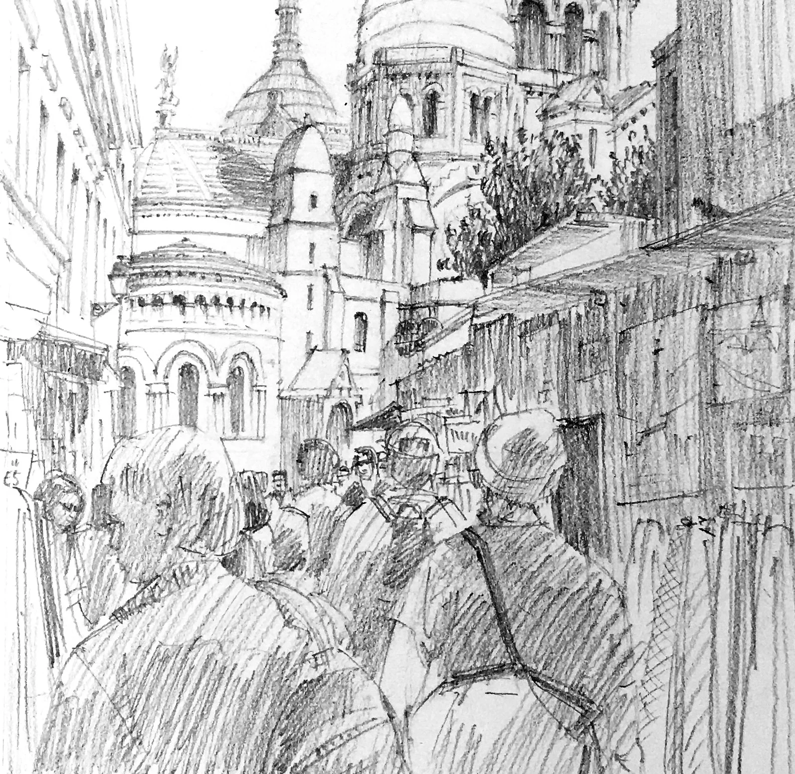 I couldn’t draw this scene until I got over my fear of trying to draw figures - they are so much a part of the story. So the photo sat around for about six months waiting…………