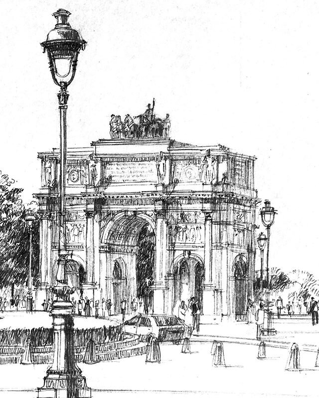 I really like this composition the way the lamp posts frame the Arc du Carrousel, my favourite Paris arch. One of my earlier pencil drawings I thought was worth a repost. Busy today with a funeral.