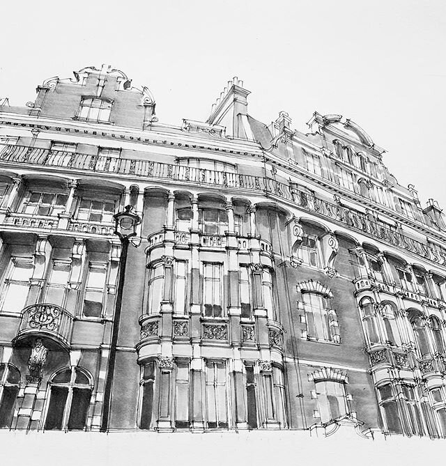 Wandering between landmarks in London I looked up to see this typical Victorian red brick with white detailing facade. Yet it gave me more problems drawing than many grander structures. The perspective was tricky, and it was different using the tone 