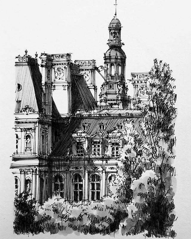 A side view of the Hotel de Ville in Paris, one of my first ink drawings after a year of pencil work.