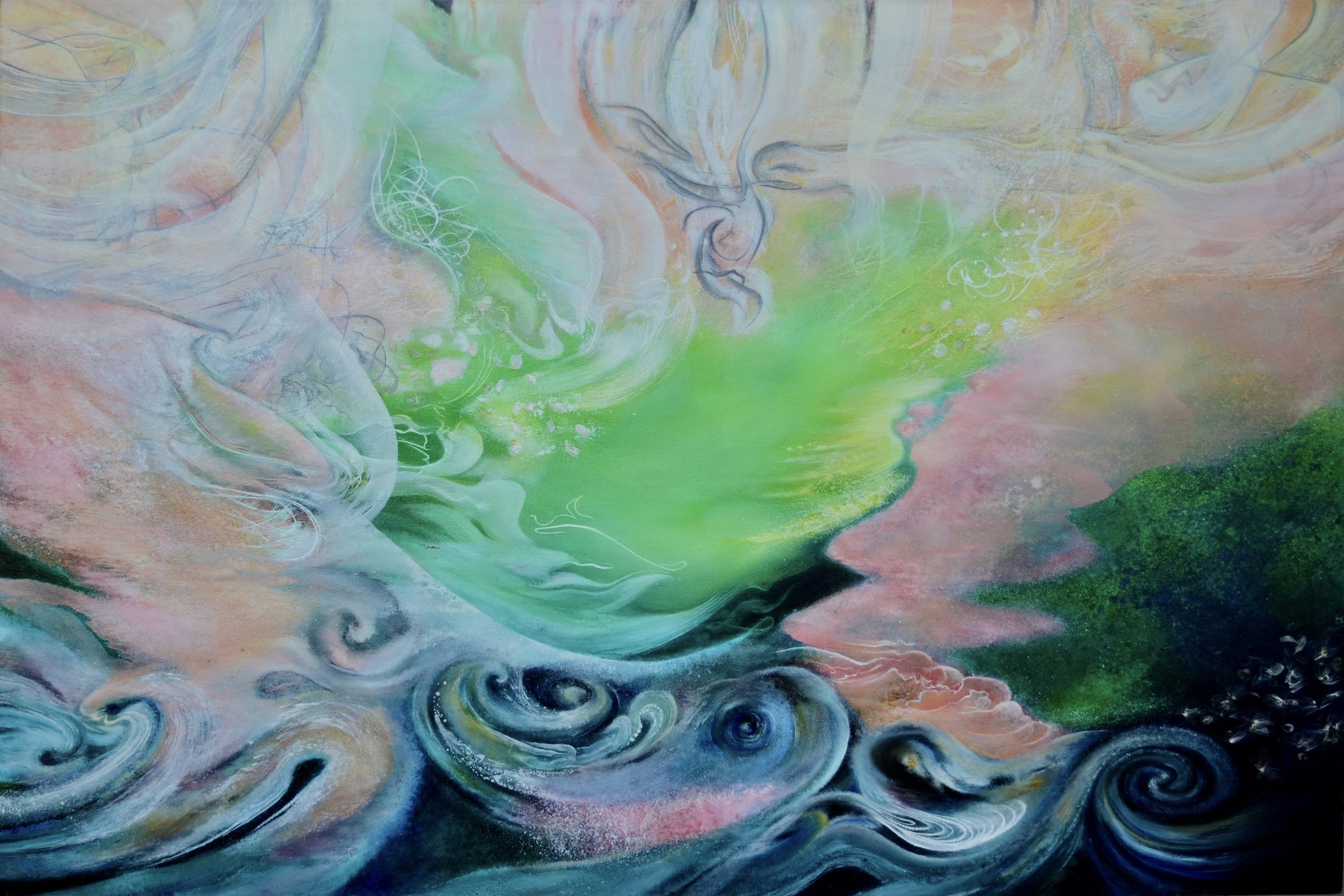 "Sacred Beginning Series, Dynamis, Angels of Movement, 2023, oil and plant matter on canvas, 4'x 6', private collection