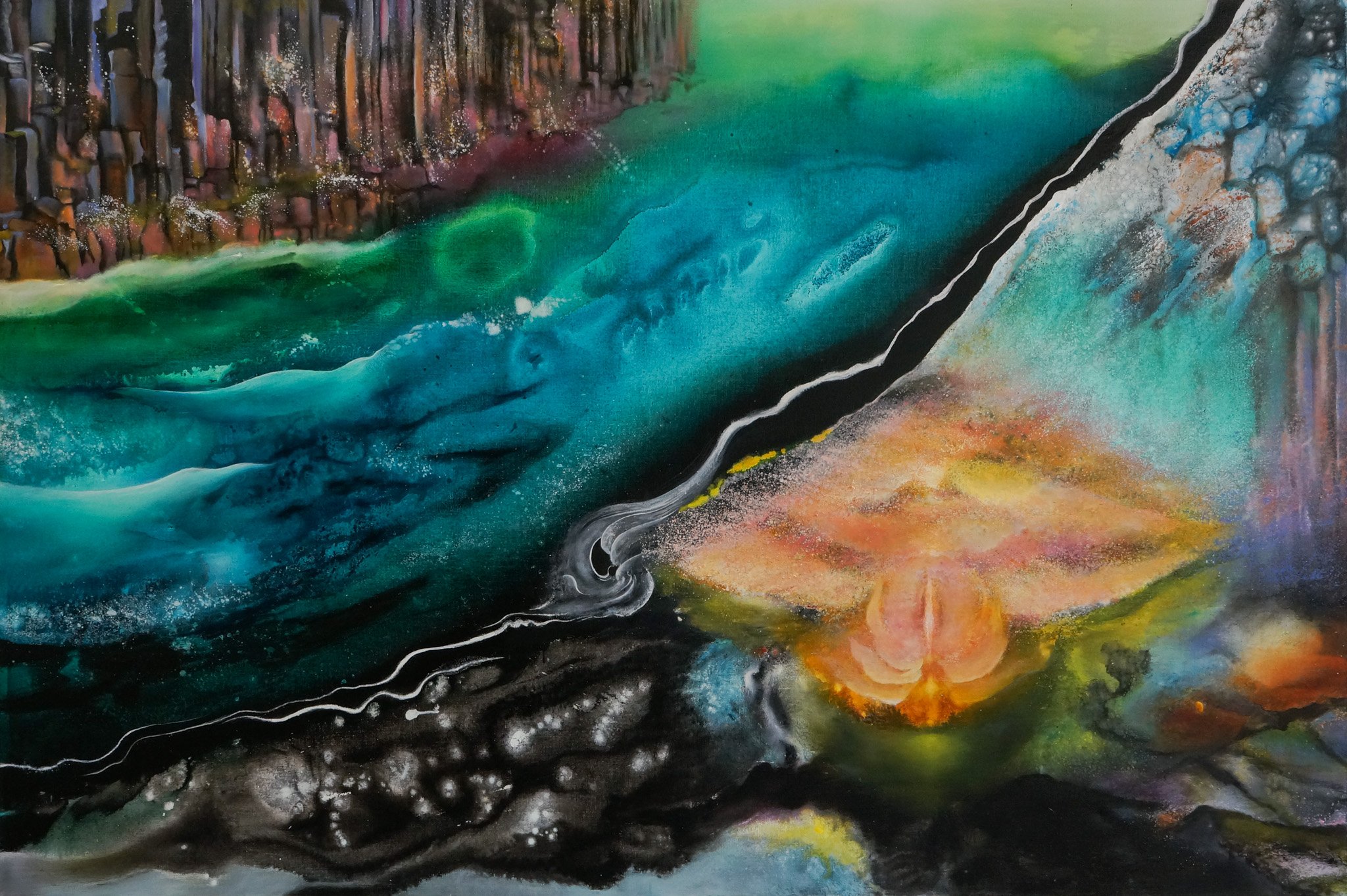 "Sacred Beginnings/Angel Series", Exusiai - Angels of Form, 2024, 4'x6', oil and acrylic on linen, Private Collection, Hudson, NY