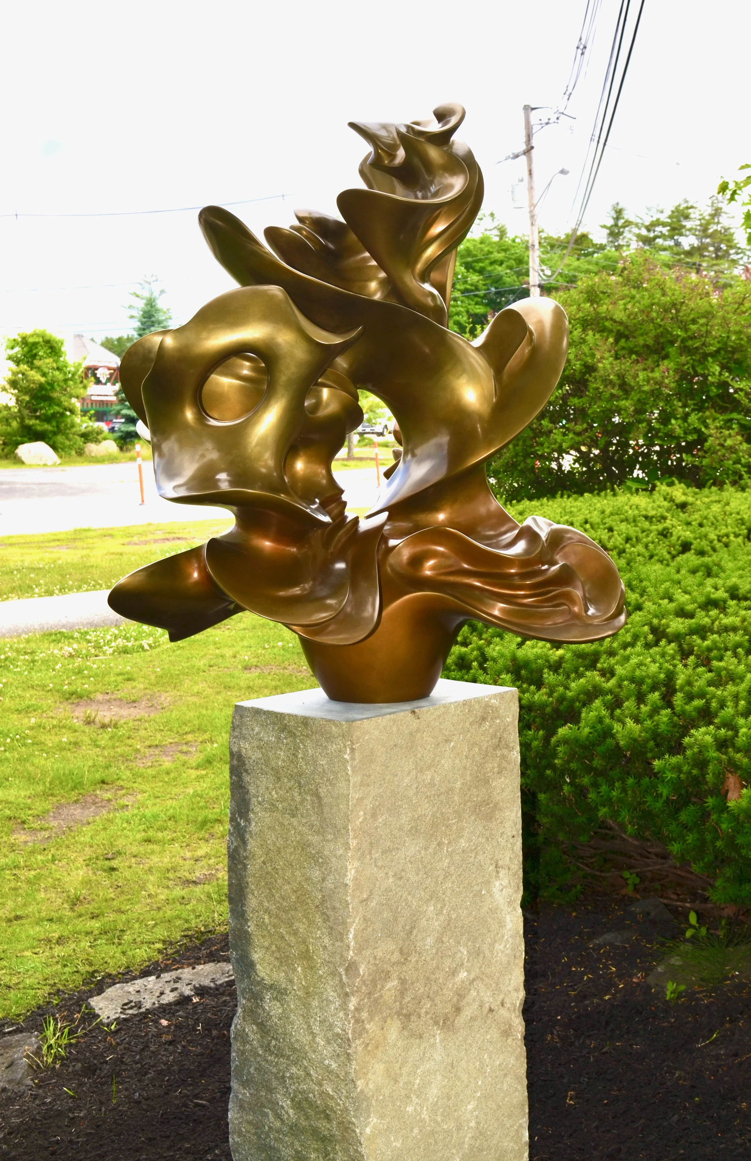 "Solaris" 2023, bronze, 40"x36"x26", installed at Meredith Sculpture Walk, June 2024-2025