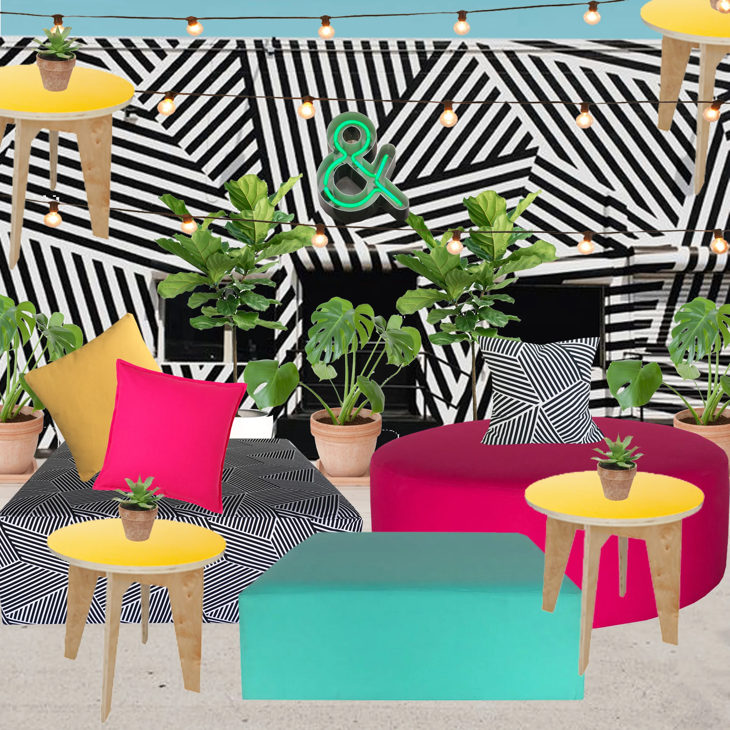 Featured in this collage: The Wynwood Building Market lights by Illumene / Plant rentals by Roses et Pivoines
