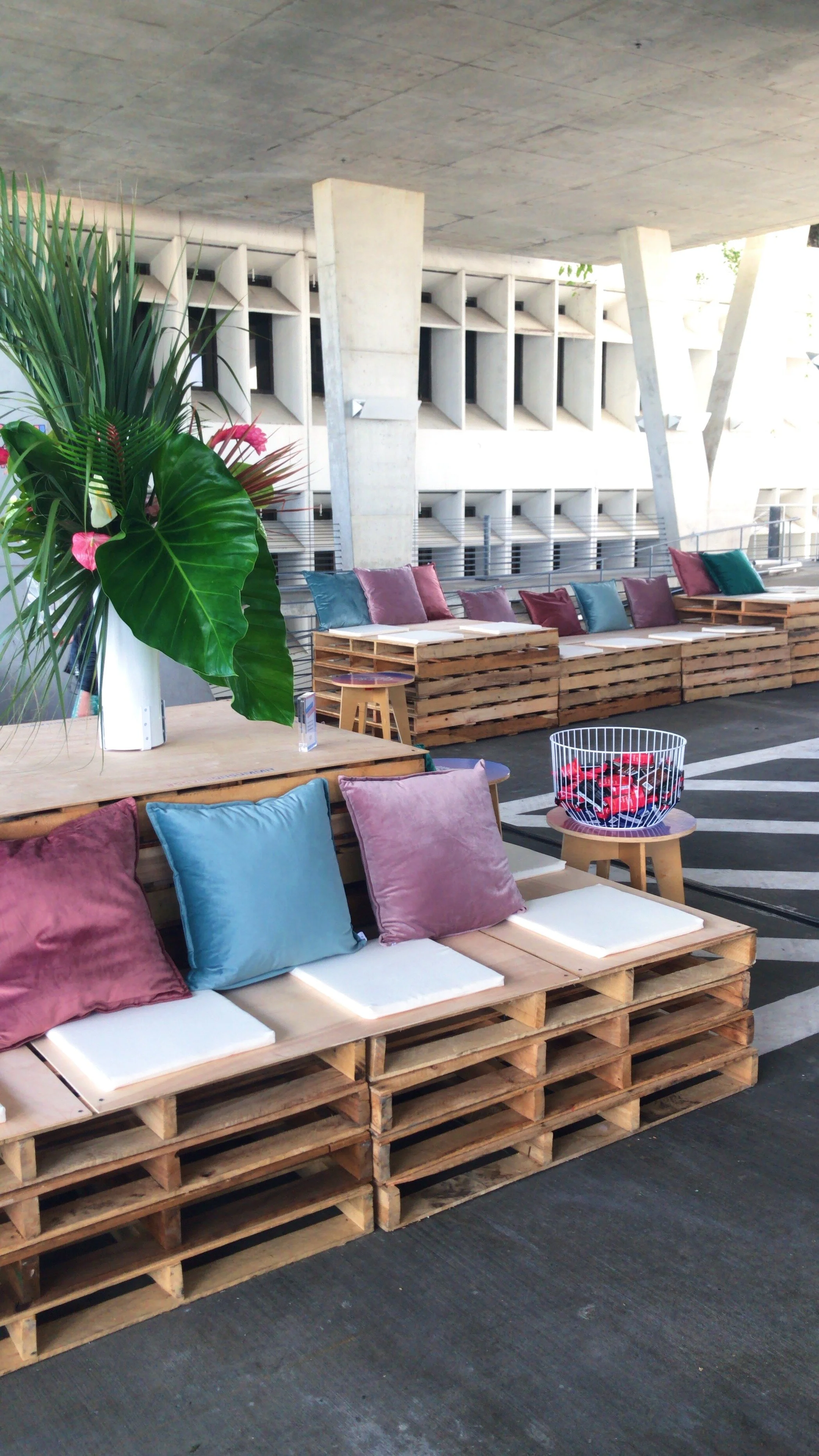Pallet Furniture rental for an event in a 7th floor venue