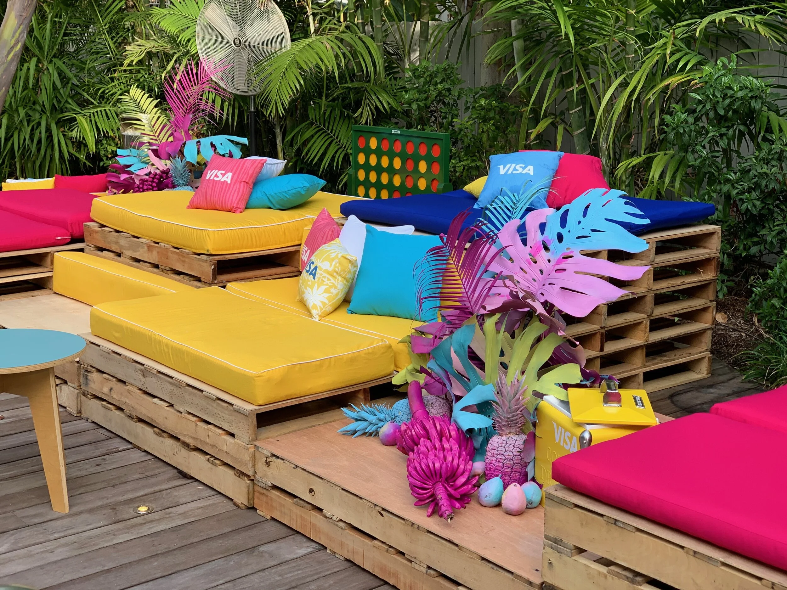 wood pallet lounges for rent. marketing activation for visa - furniture rentals by Ronen Rental