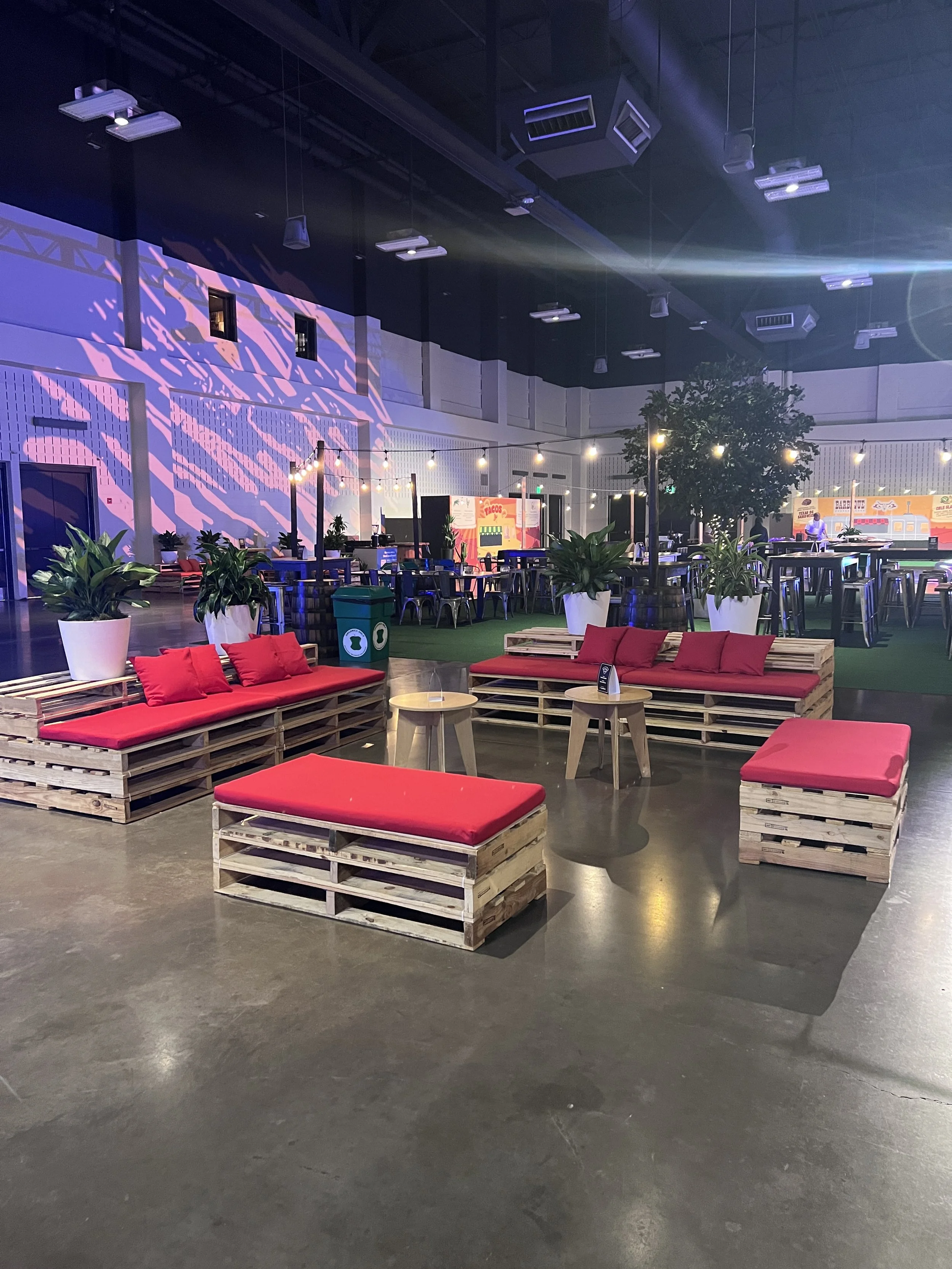 Austin Event furniture lounge with red cushions at the Palmer Events Center 