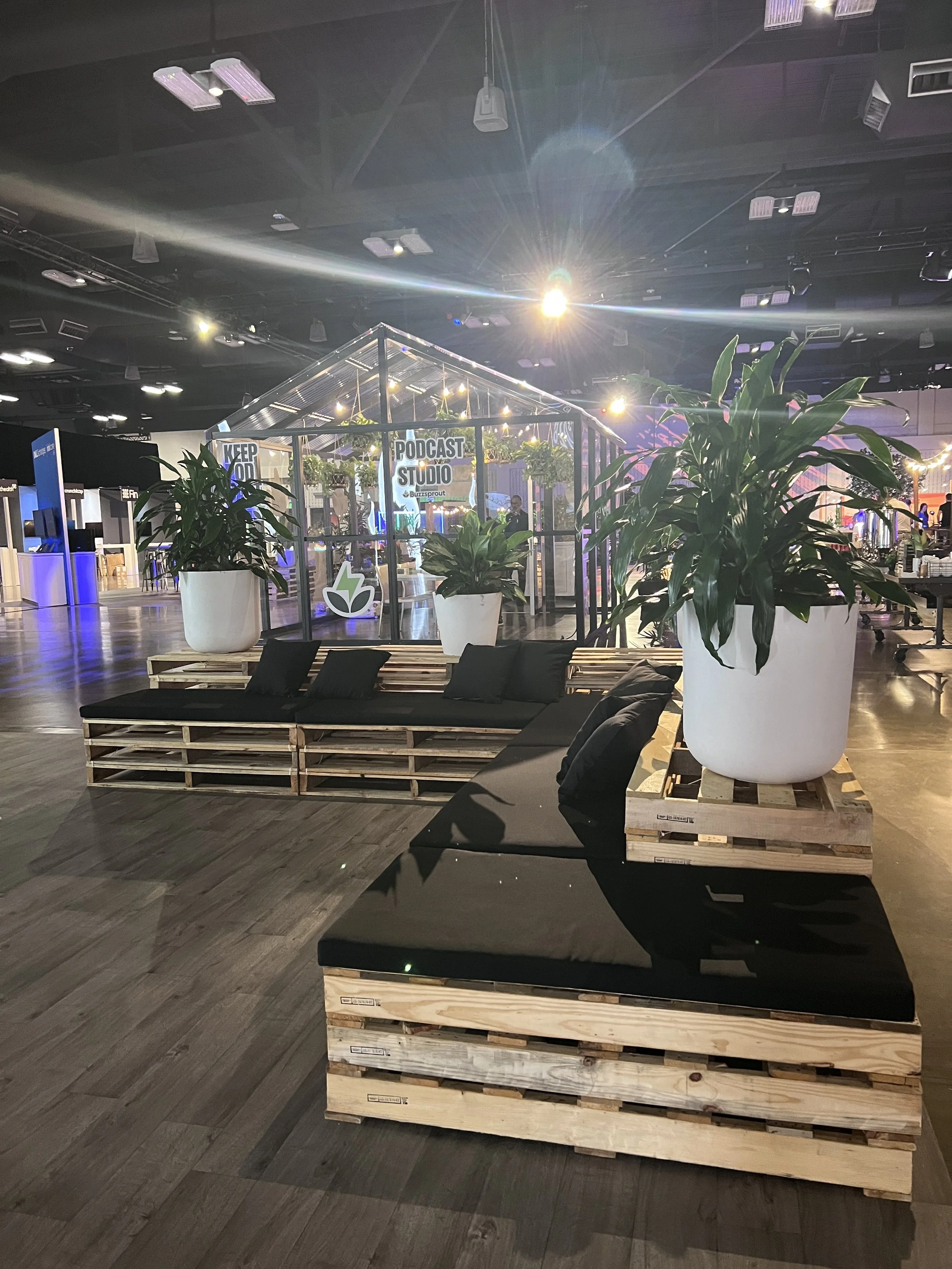 Pallet furniture with black cushions at the Palmer Events Center