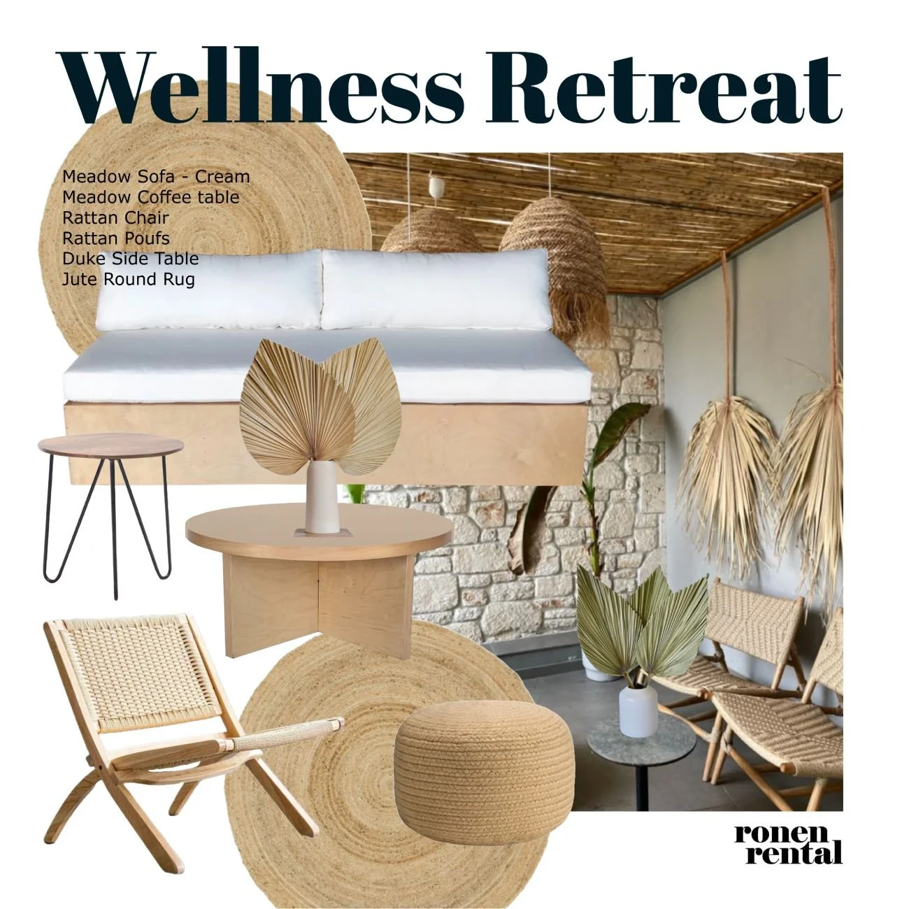 Wellness retreat event furniture rental setup Miami NYC cream sofa rattan chair