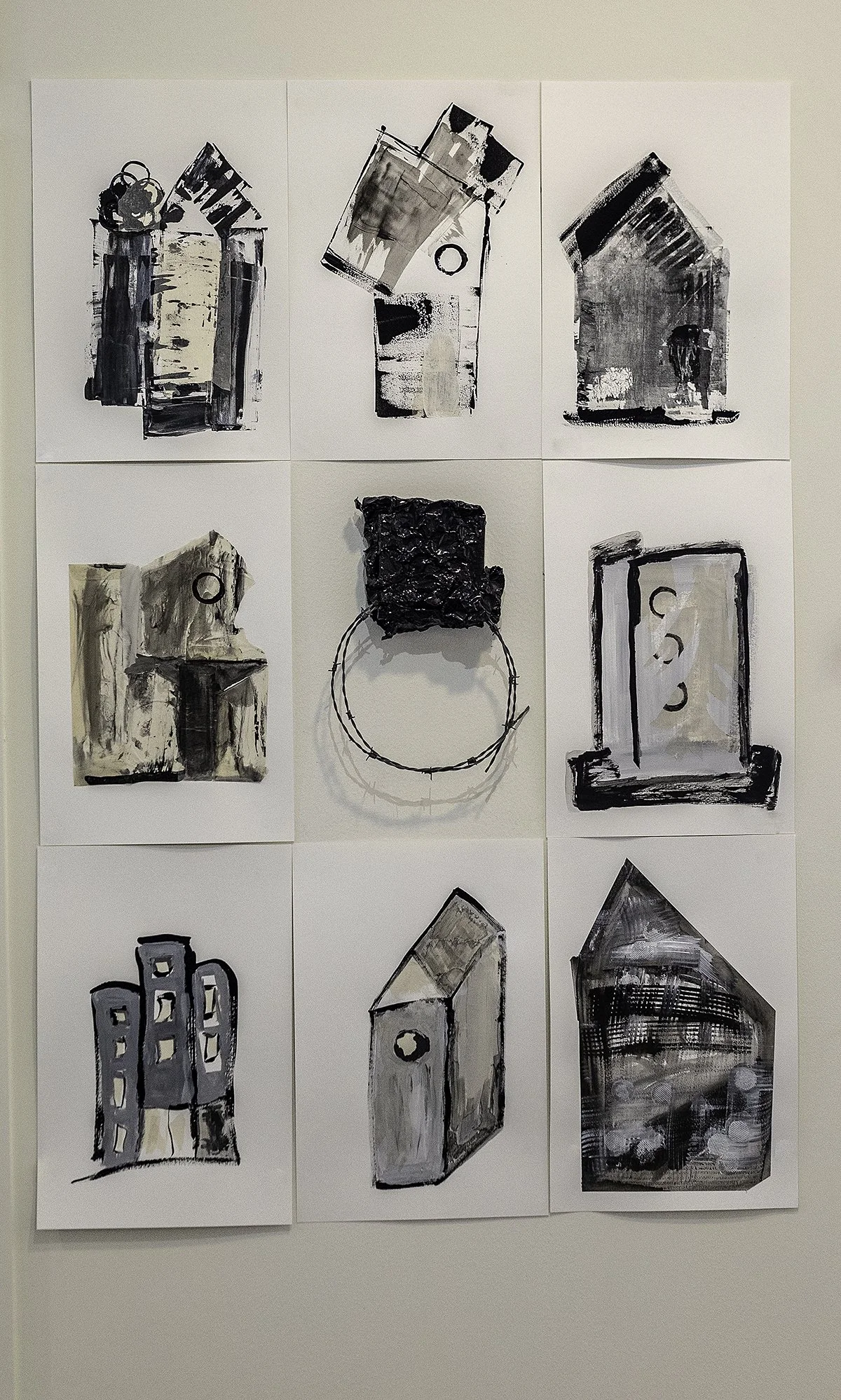 Glassine Installation, 8 individual 11 x 15 collage on paper pieces (acrylic, ink, mesh, vintage envelopes with wood, acrylic and wire center collage