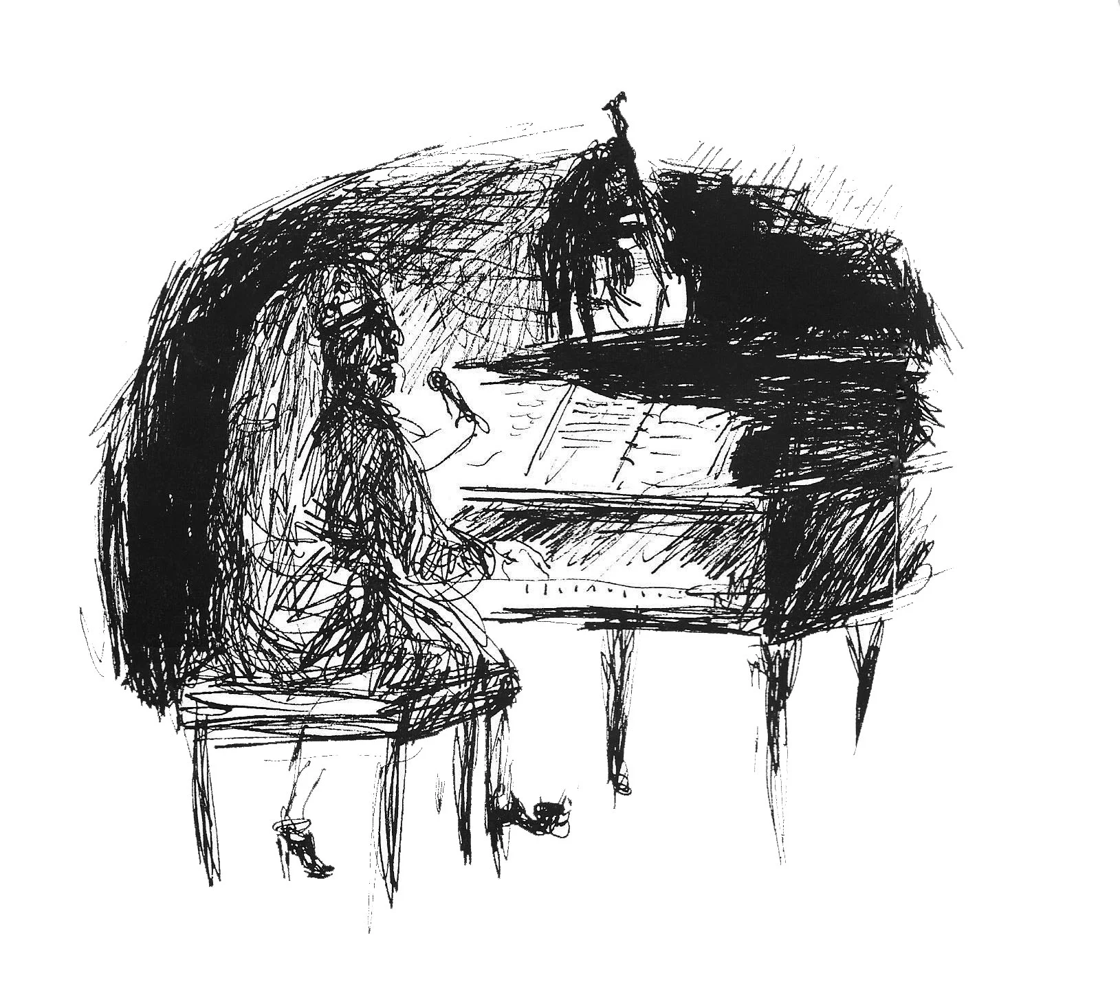 A drawing of Amina and Charile Haden with The Charlie Haden's Liberation Orchestra