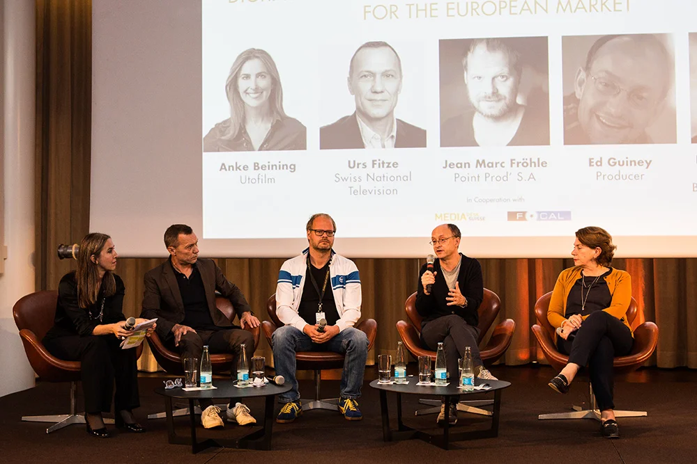 Anke Beining (Utofilm), Urs Fitze (SRF), Jean-Marc Fröhle (Point Prod'), Ed Guiney, Kirsten Niehuus (Medienboard Berlin-Brandenburg) (f.l.t.r.) From Producers to Producers: Digital Distribution and New Finance Opportunities for the European Market