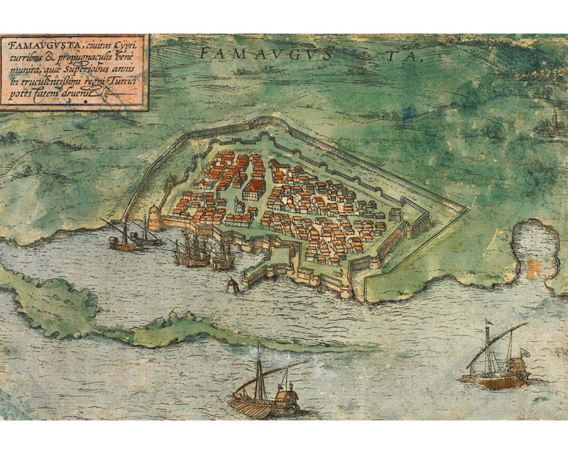 Town plan and view of the mediaeval city and port of Famagusta. Map drawn by Braun, G. & Hogenberg, F. (First appearance: Cologne, 1572).