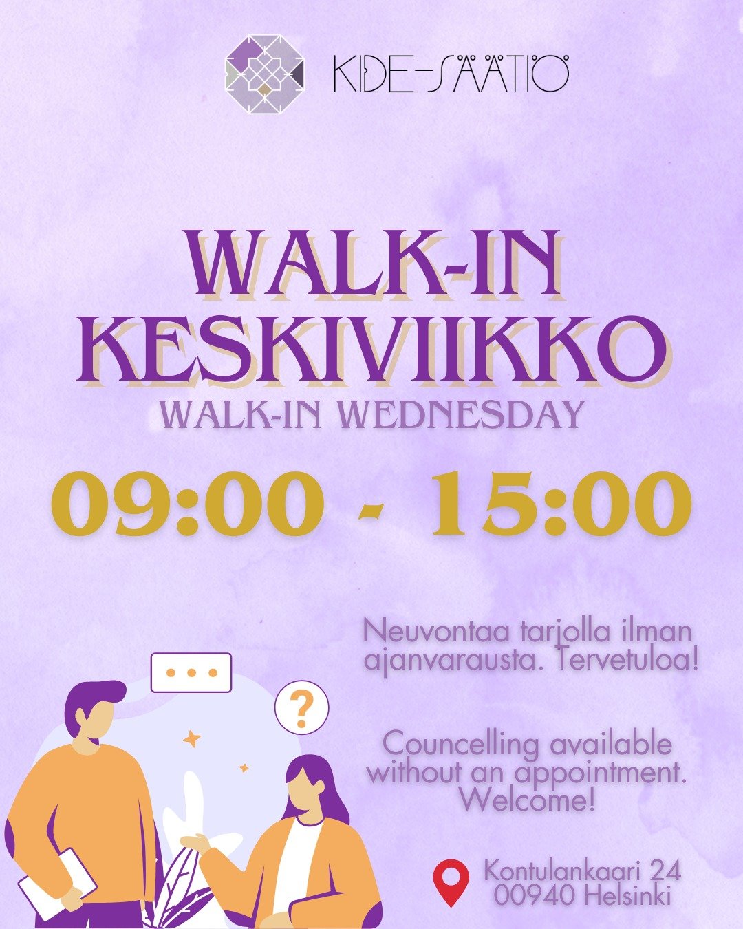 Kide-s&auml;&auml;ti&ouml;n avoimet ovet, eli keskiviikon walk-init tulevat taas! 😍

Kide-s&auml;&auml;ti&ouml;n toimistolla Kontulassa tarjolla keskiviikkoisin kello 9 - 15 v&auml;lill&auml; neuvontaa ja apua ilman ajanvarausta. Tule vain paikalle!