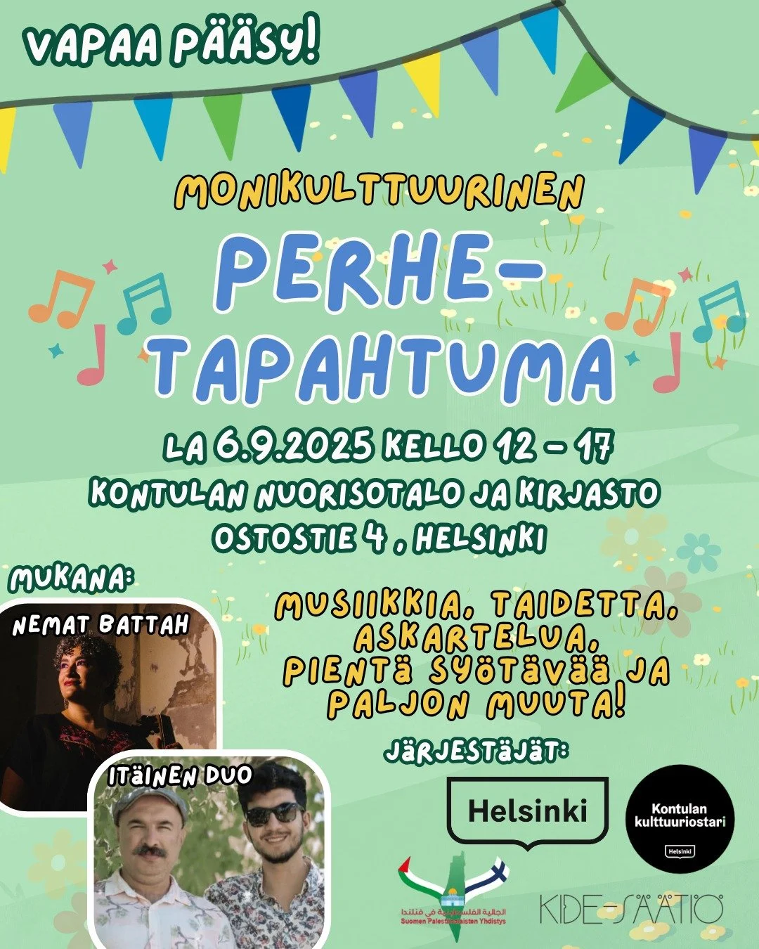 🎉 Monikulttuurinen perhetapahtuma Kontulassa! 🎉
📅Lauantaina 6.9.2025
🕛Klo 12.00&ndash;17.00
📍Kontulan nuorisotalo ja kirjasto, Ostostie 4, Helsinki

Tervetuloa koko perheen iloiselle kulttuurien kohtaamispaikalle! Luvassa monipuolista ohjelmaa, 