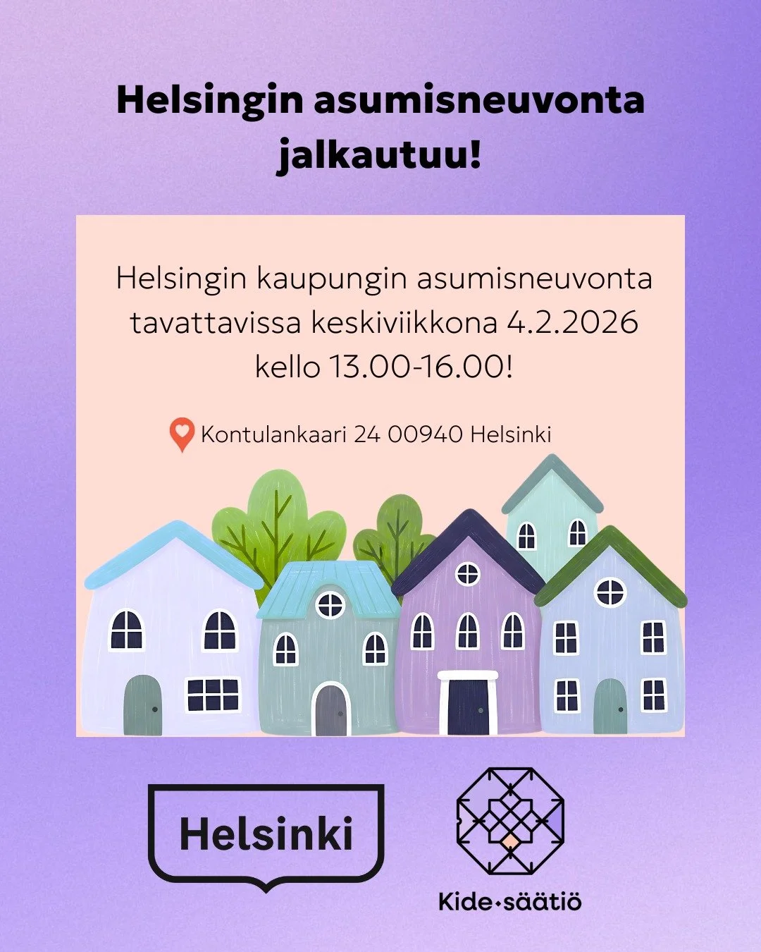 Huomenna Kide-s&auml;&auml;ti&ouml;n toimistolle walk-iniin eli avoimiin oviin saapuu Helsingin kaupungin asumisneuvonta!✨ Asumisneuvonta tarjoaa neuvontaa ja ohjeistusta asumisen asioihin ja asunnonhakuun kello 13.00-16.00 v&auml;lill&auml;. Keskivi