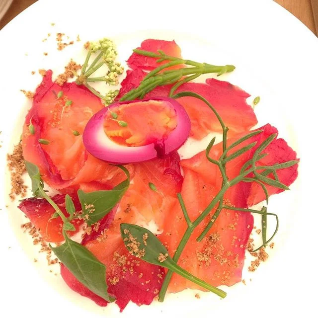 Beetroot cured salmon with beetroot pickled egg, pickled beetroot, samphire, horseradish & anise crumb