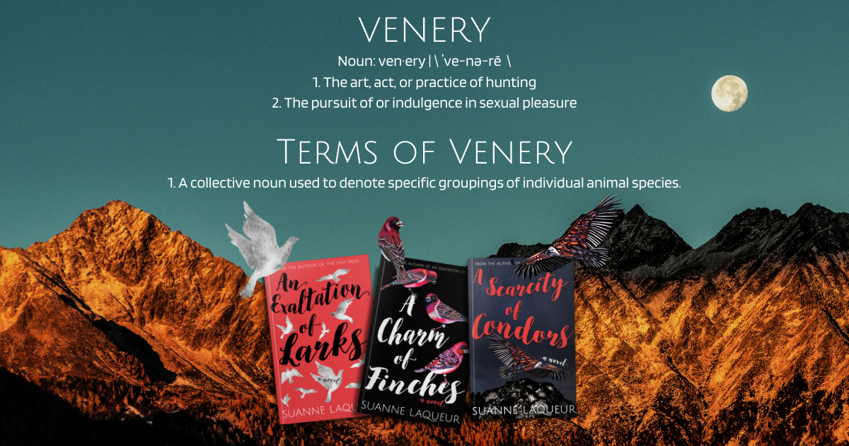 Three book covers of the Venery series by Suanne Laqueur: An Exaltation of Larks, A Charm of Finches, A Scarcity of Condors