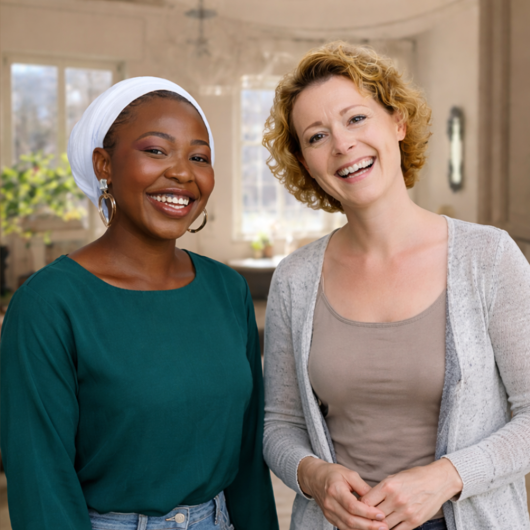 Two women smile at the camera. One has her hair in a headscarf, one has blonde curly hair. They are inside a house with a window.