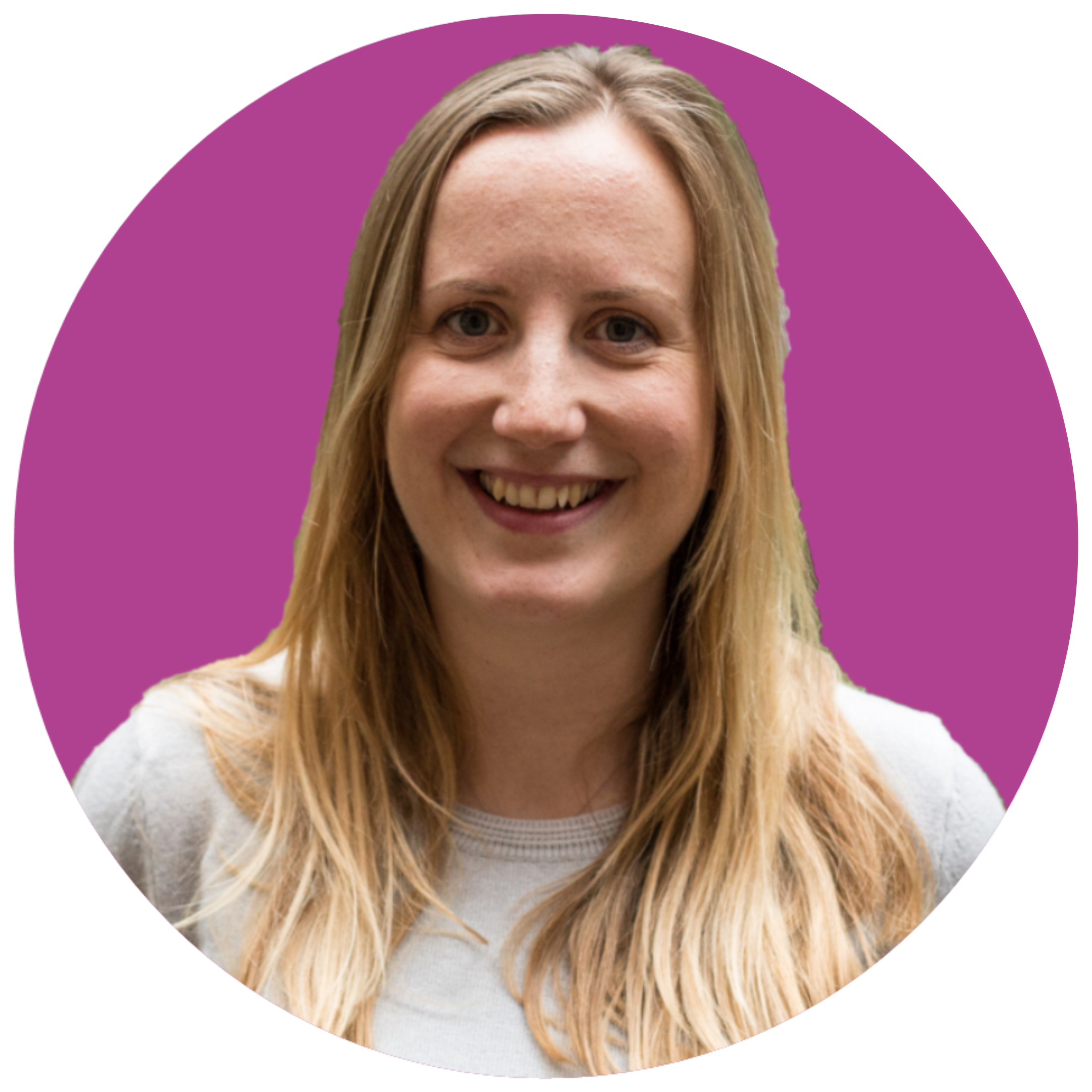 A woman with long blonde hair smiles at the camera. She is wearing a white top and is set against a purple background.