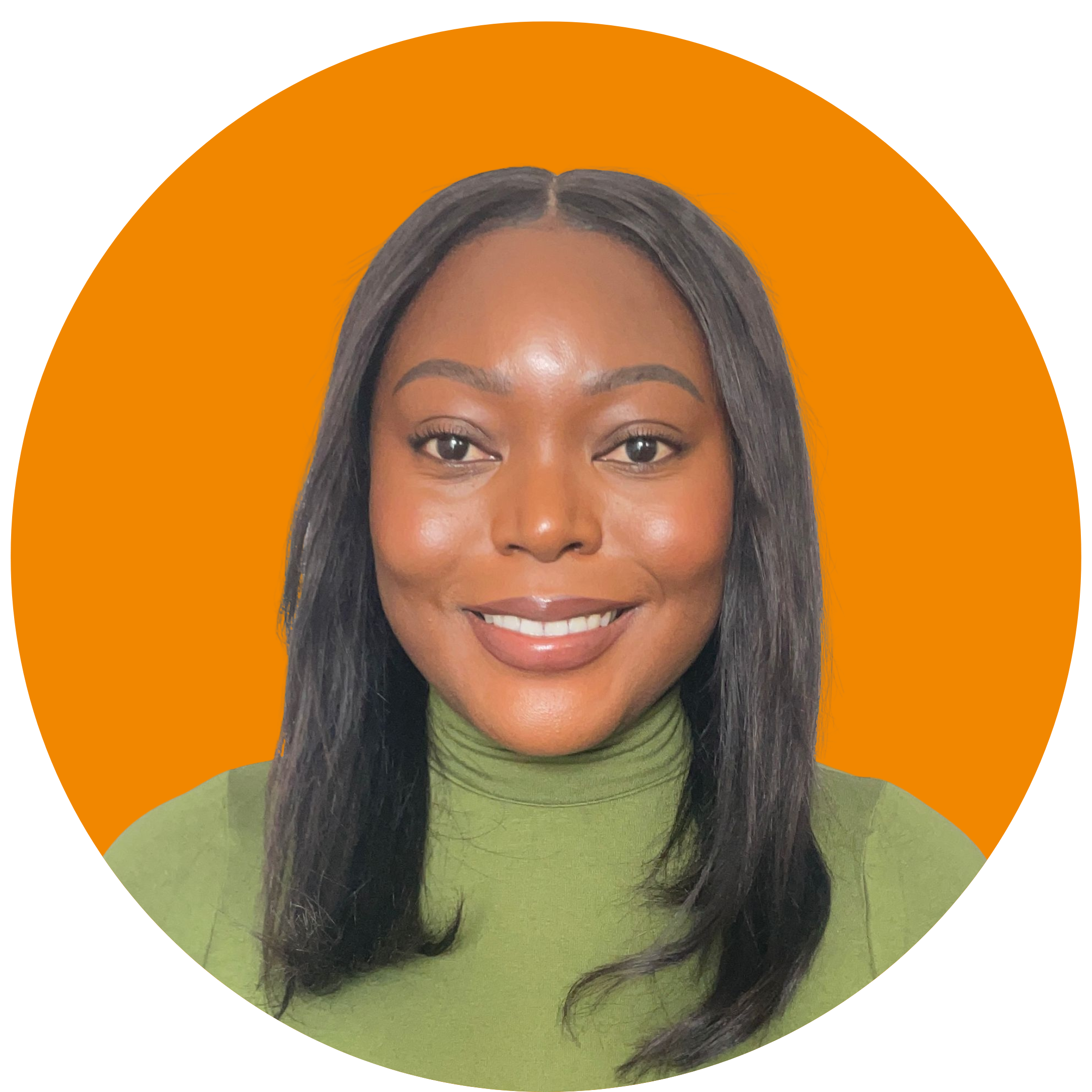 A woman with long dark hair smiles at the camera. She is wearing a green polo neck shirt. She is set against an orange background.