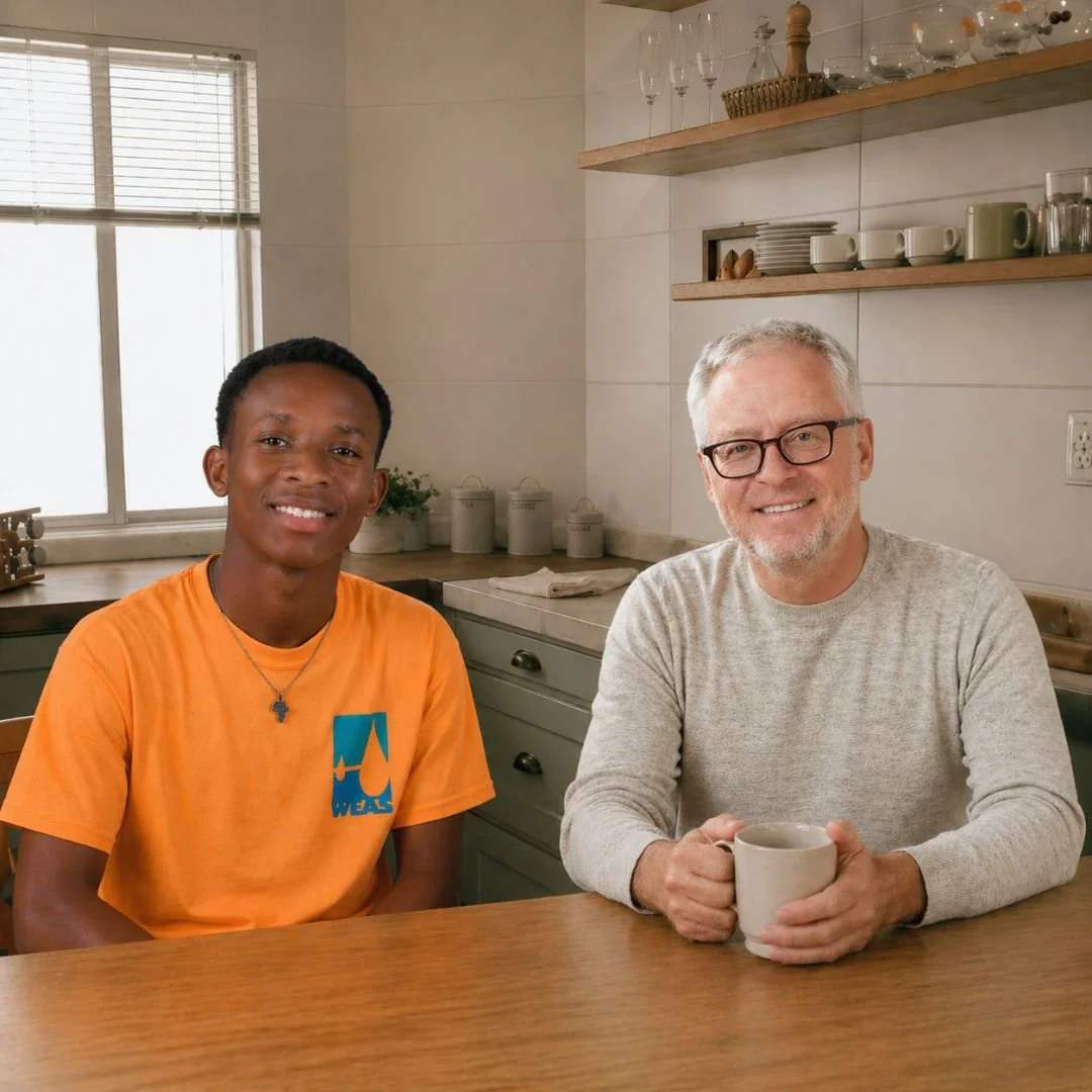 Two men smile at the camera. One is wearing glasses and a grey jumper, the other wears an orange T Shirt and wears a necklace.