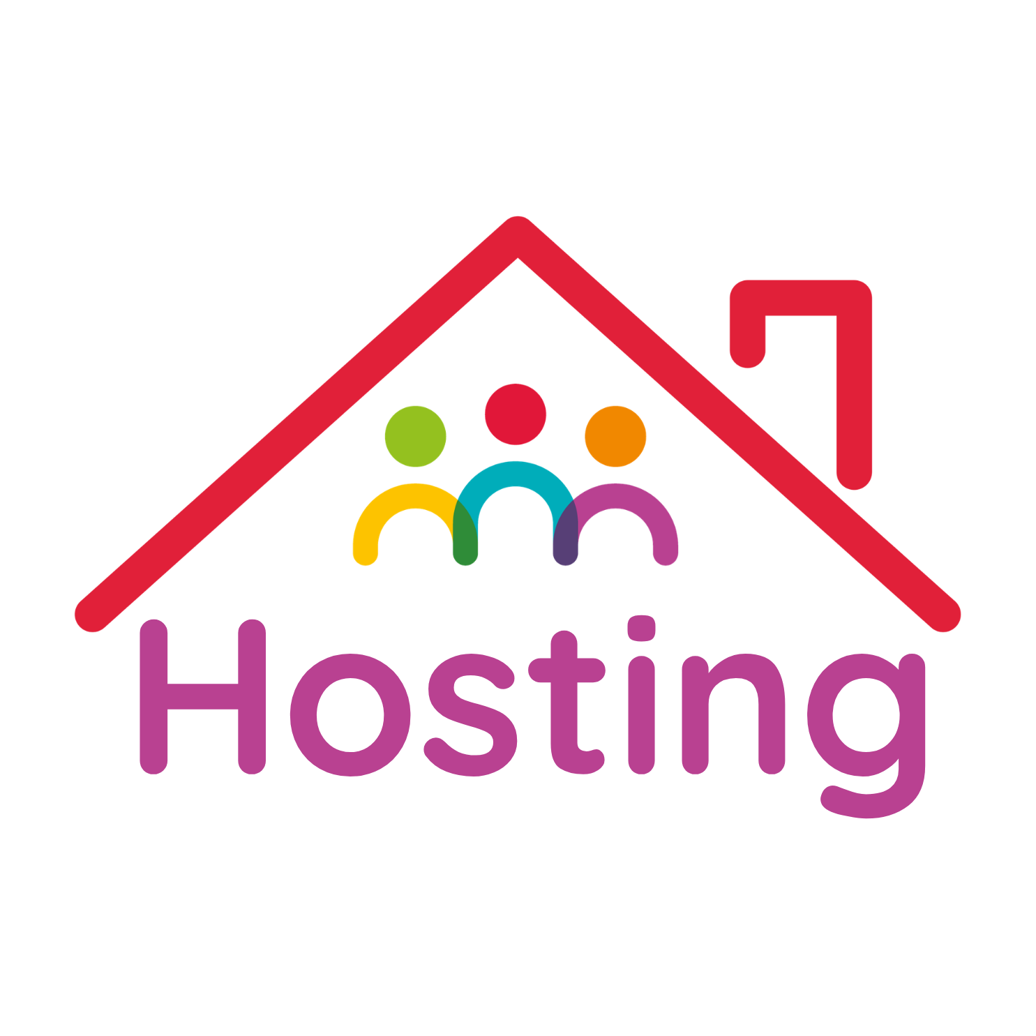 A logo with three people inside a house. The text reads, 'Hosting'