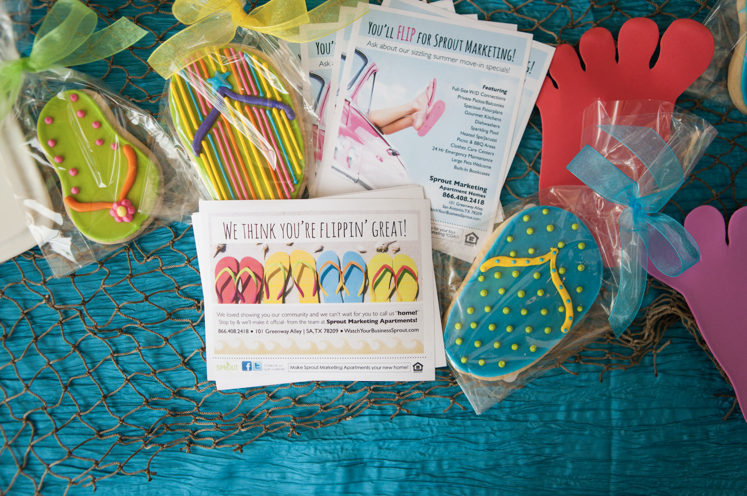 Flip Flop themed postcards and cookies for apartment outreach marketing or resident gifts