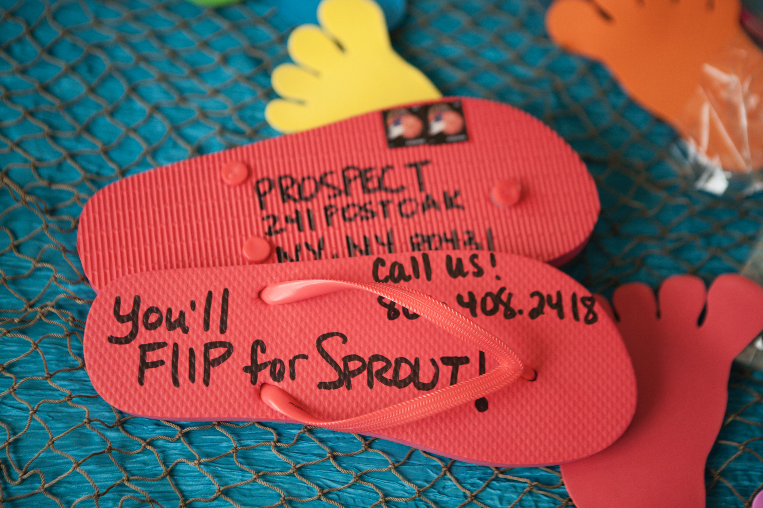 Flip flop with Marketing Slogan, Address, and Stamps to Mail Directly