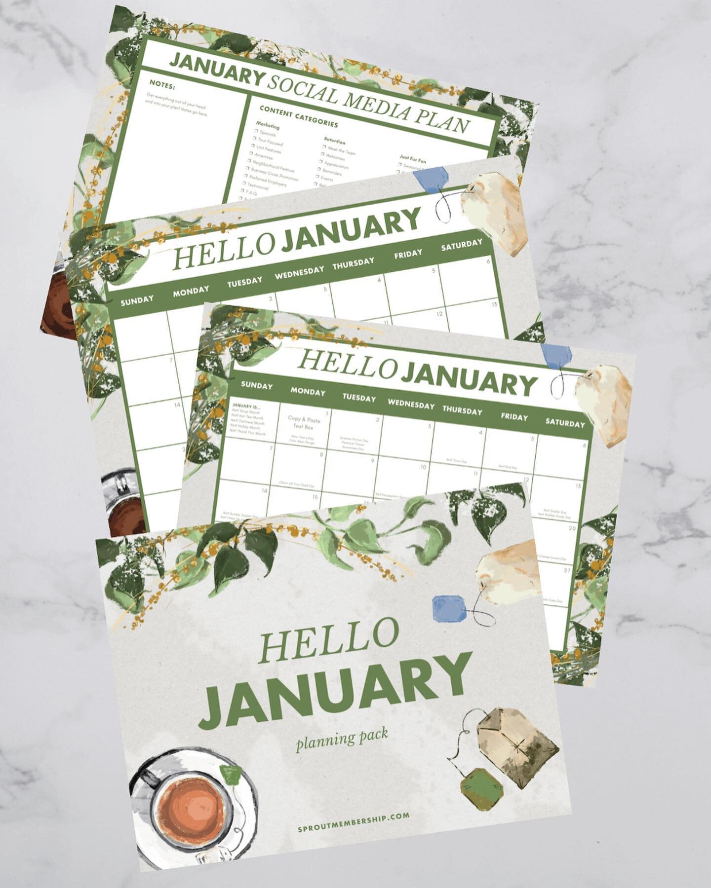January Planning Pack for Property Managers is yours for free at TrySproutFree.com. 

Included: ⤵️⤵️⤵️

📆 Editable calendar with creative dates (Edit in Canva)

🗓️Blank calendar you can edit or print

📱Social media planning calendar with themes an