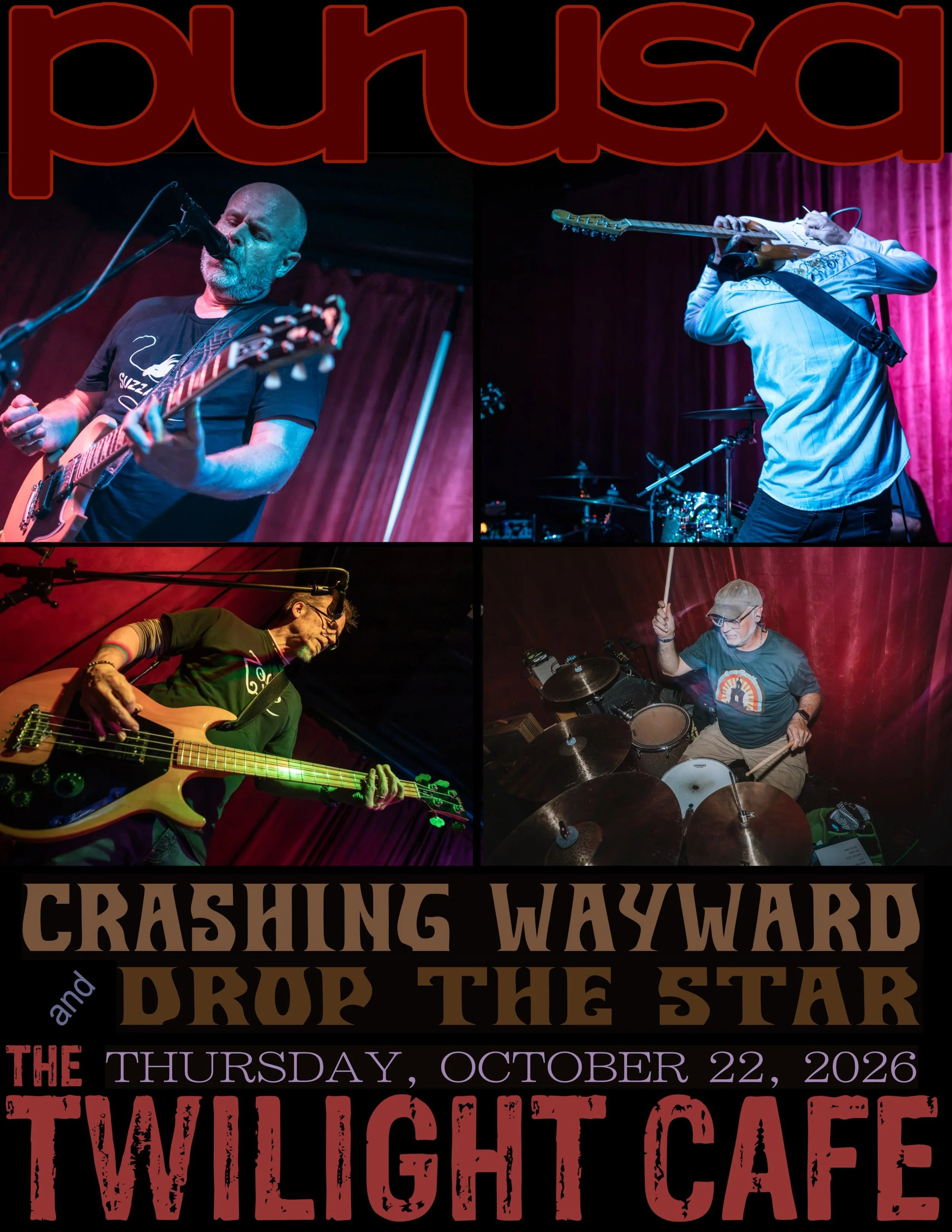 &hellip;.
Next show is coming up soon! 
Full band mayhem live at the Twilight Cafe in Portland, OR. 
Rocktober 22, 2026. 
8pm
$10 advance / $15 at the door

Purusa on stage first followed by our friends Drop the Star and then headliners Crashing Wayw