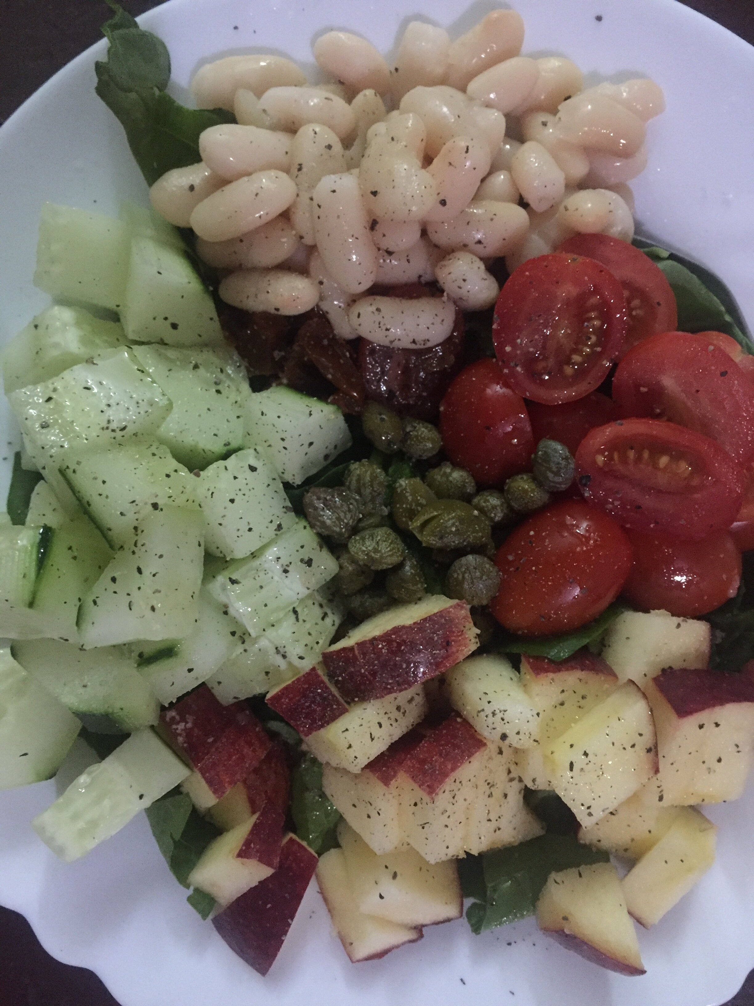  Cucumber  Apple  Cherry Tomato  Capers  Canolini Beans  Mixed Greens 