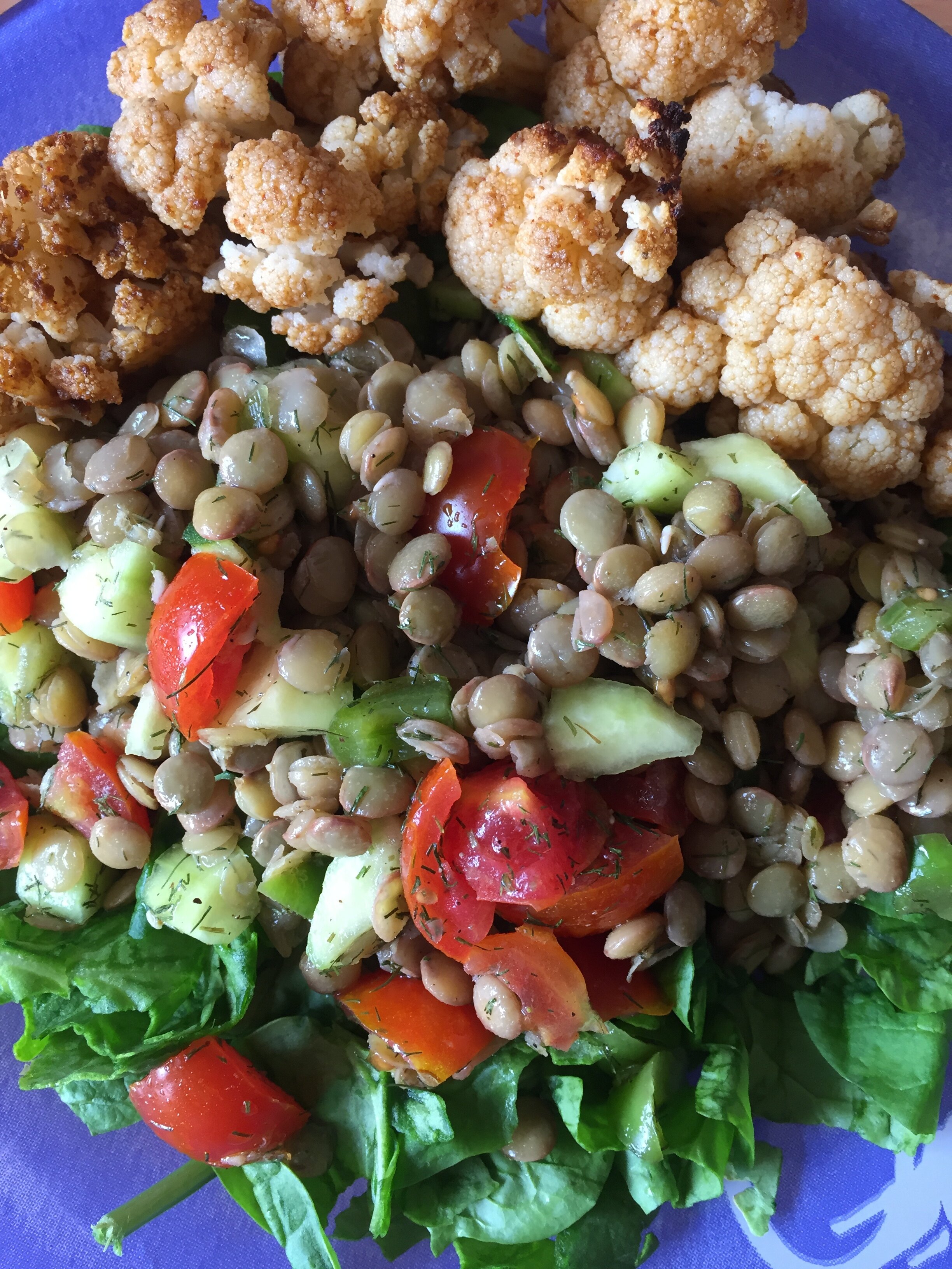  Lentil Salad with cucumber and cherry tomato  Roasted Cauliflower  Spinach 