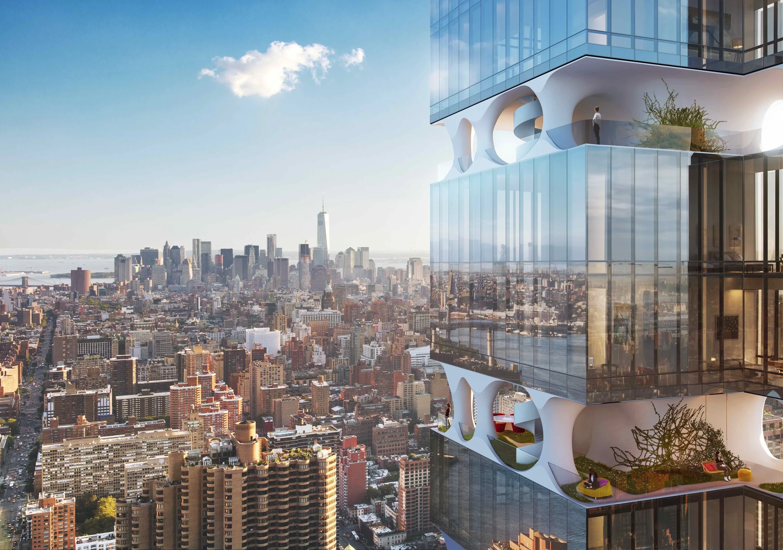 East 44th Street in New York City with a view of One World Trade Center and Sky Garden Terrace